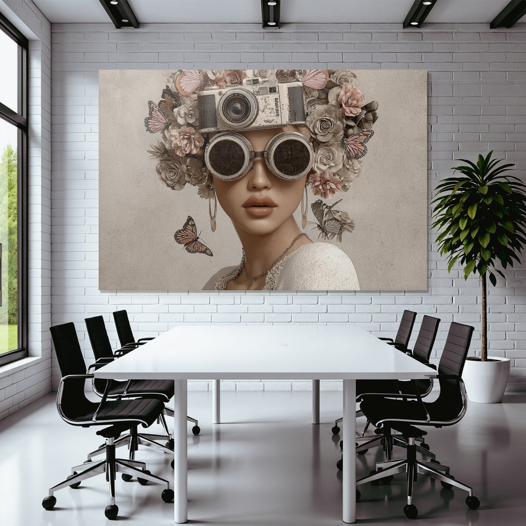 Frau Mit Blumen Und Schmetterlingen Vintage Kamera Haarschnitt