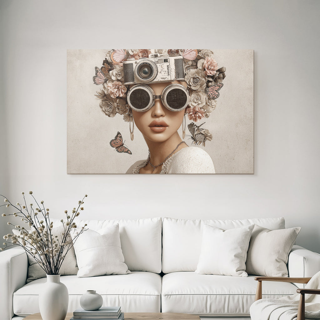 Frau Mit Blumen Und Schmetterlingen Vintage Kamera Haarschnitt