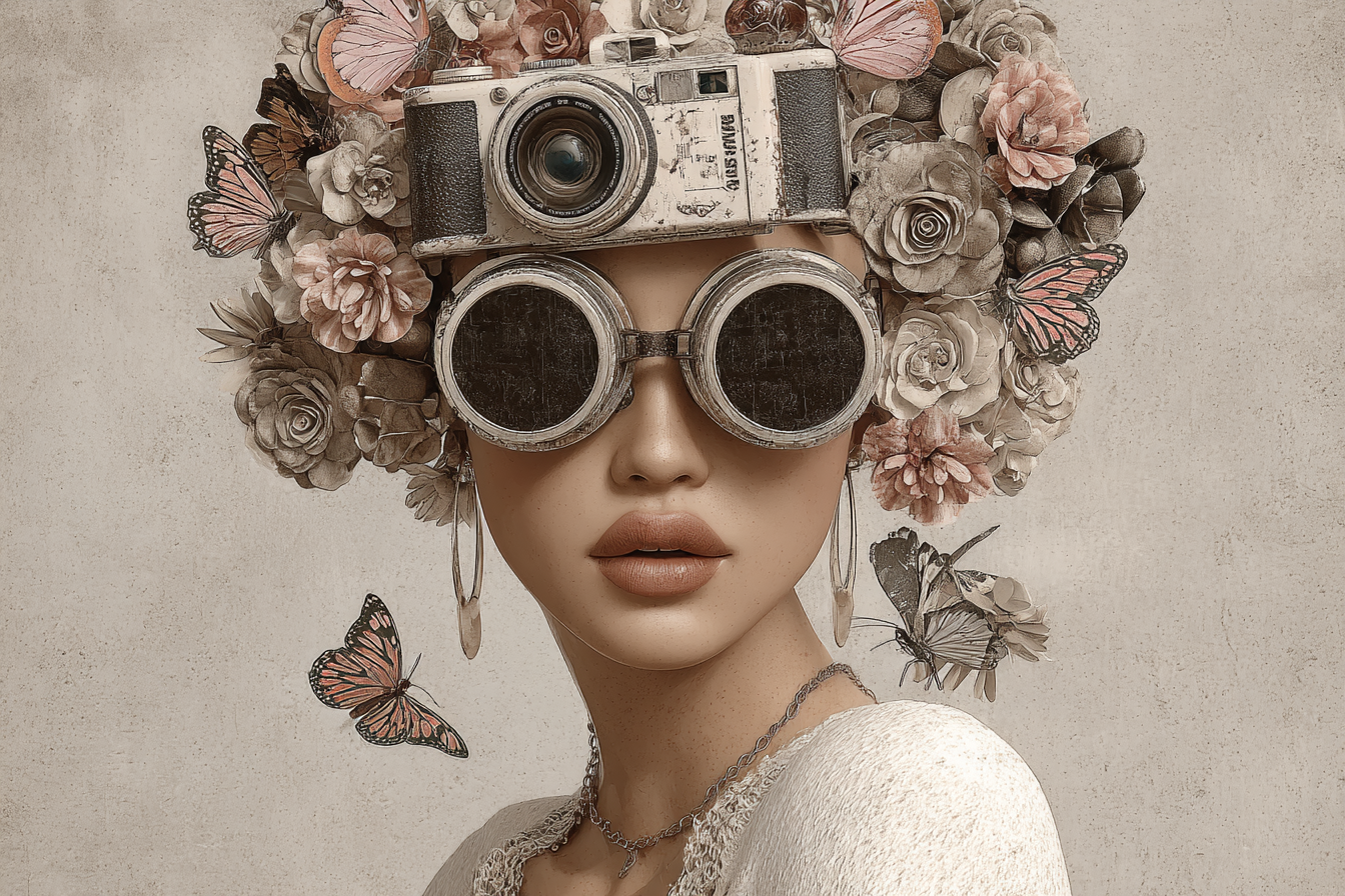 Frau Mit Blumen Und Schmetterlingen Vintage Kamera Haarschnitt | Digital Art | Kunstgattungen