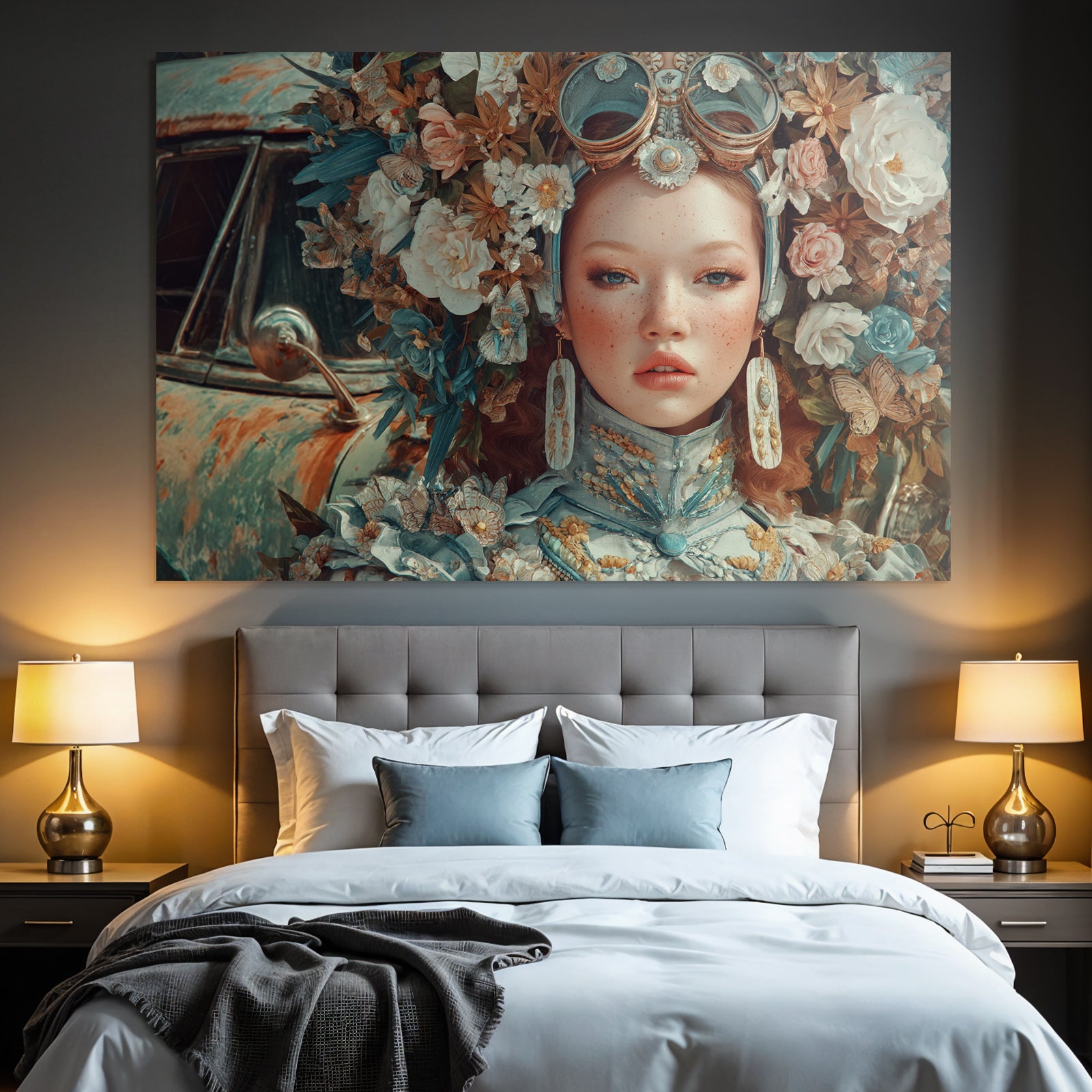 Frau Mit Blumenkranz Vintage Auto Fantasy Art