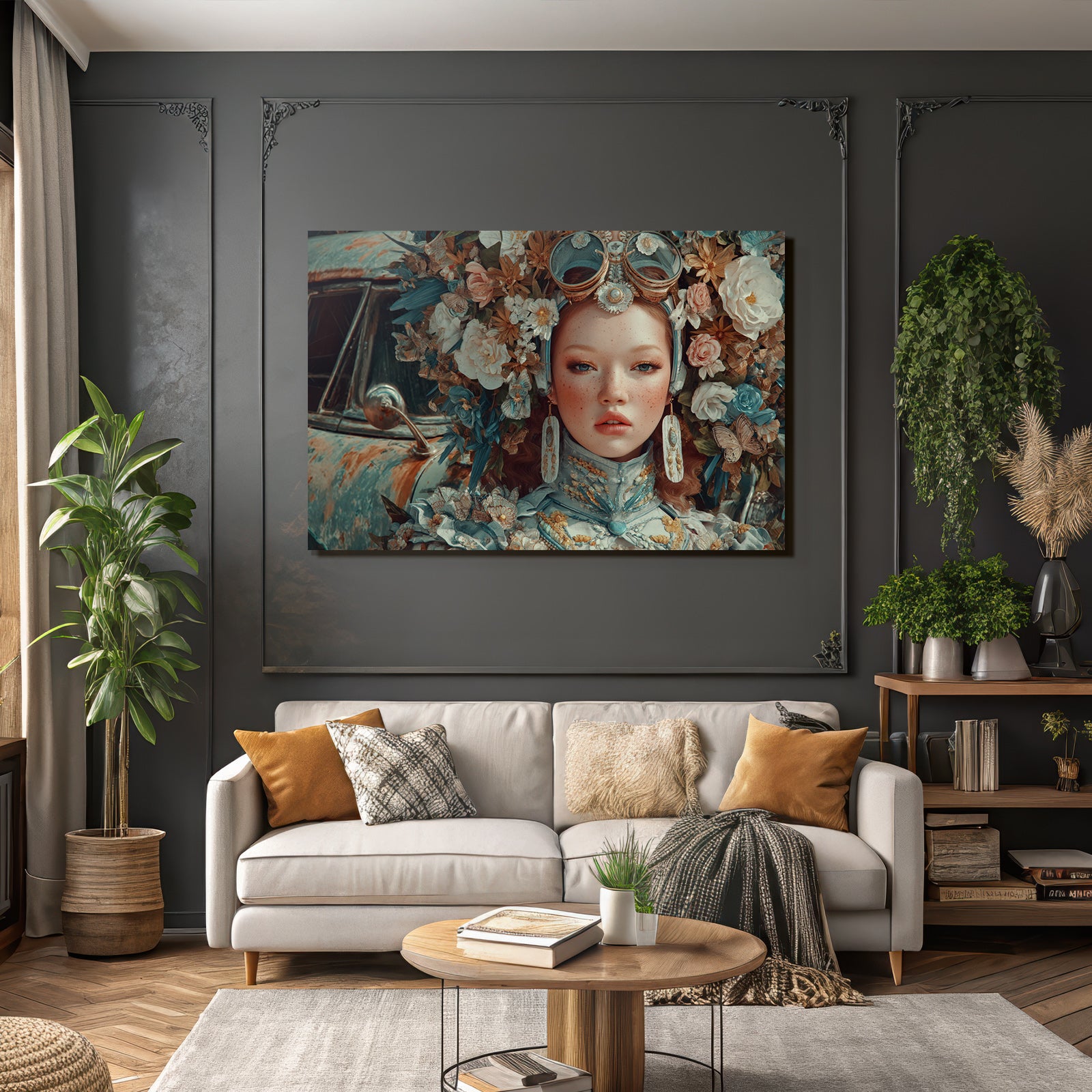 Frau Mit Blumenkranz Vintage Auto Fantasy Art