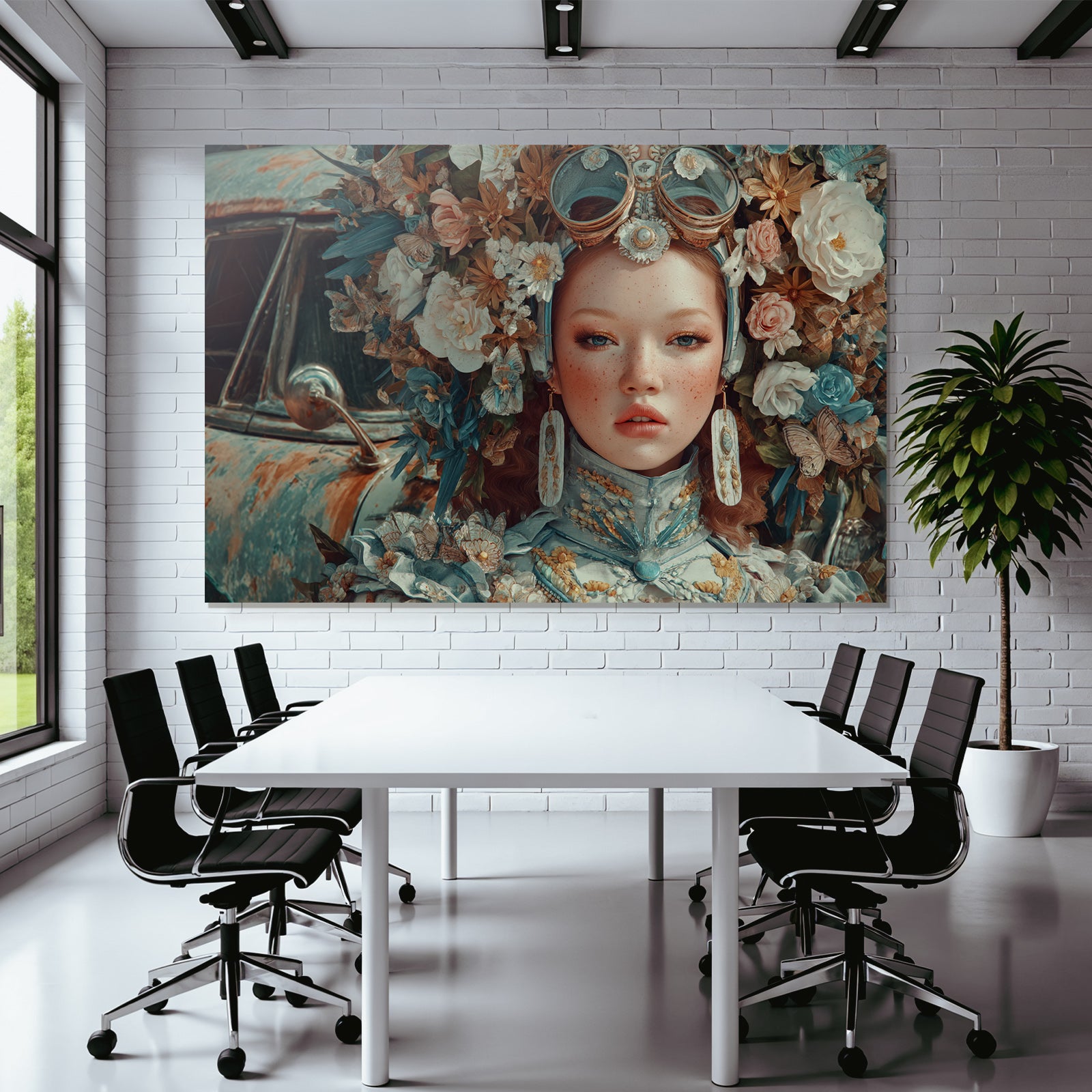Frau Mit Blumenkranz Vintage Auto Fantasy Art