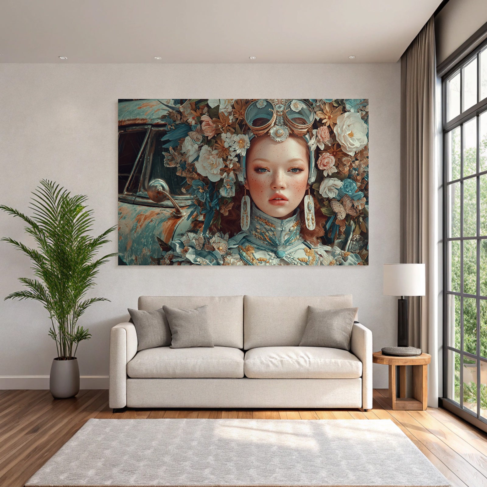 Frau Mit Blumenkranz Vintage Auto Fantasy Art