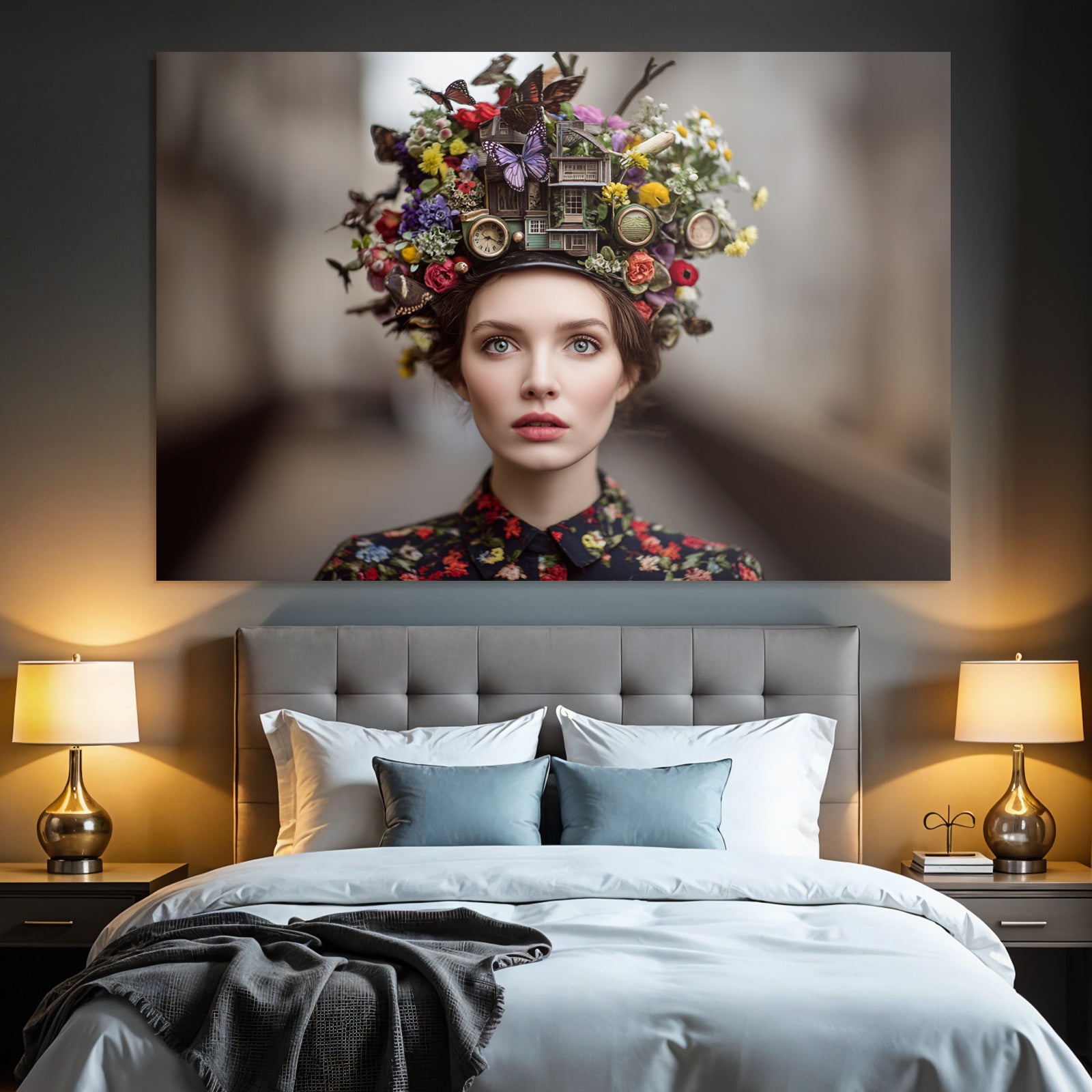 Frau Mit Kreativem Hut Blumen Butterflies Uhren Strukturen