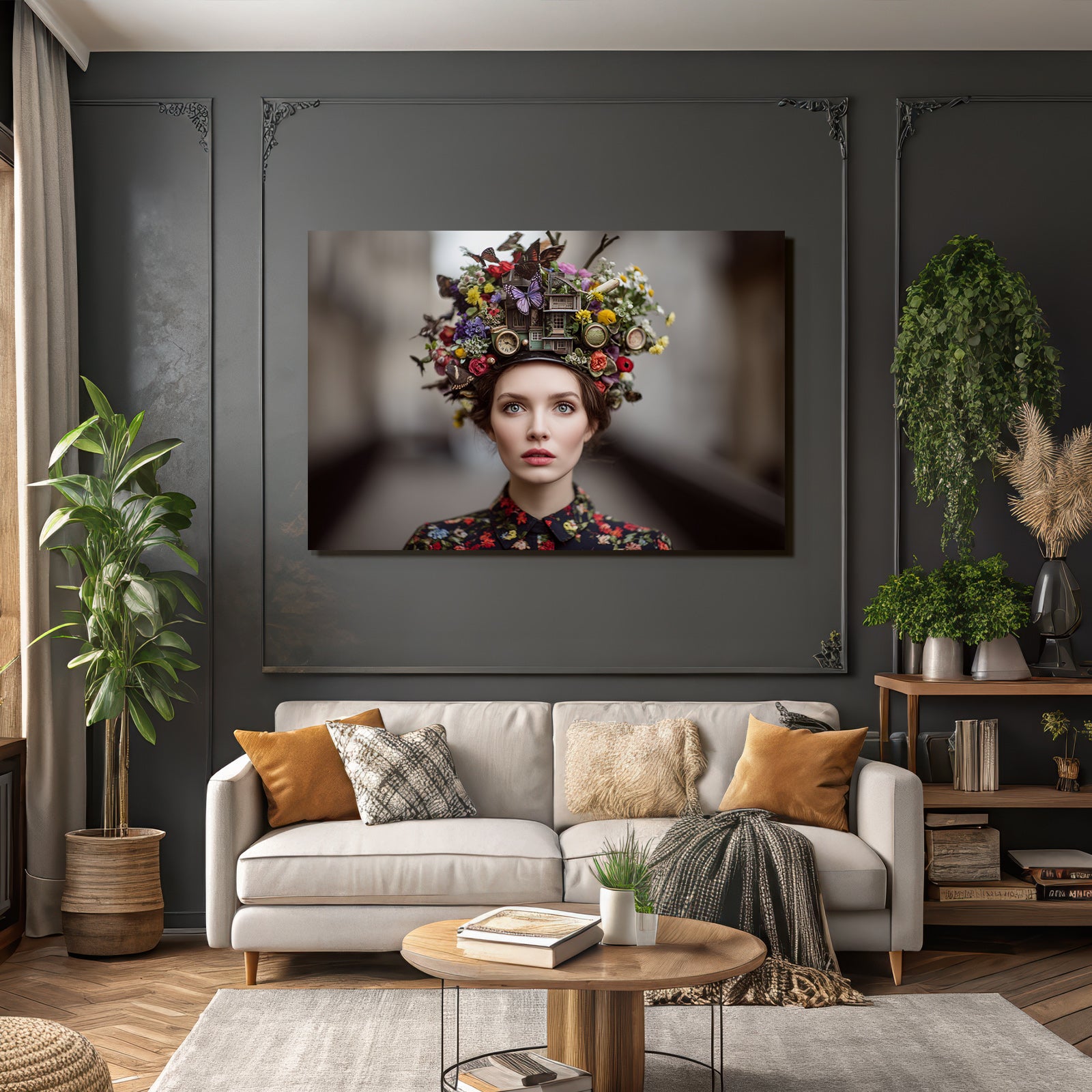 Frau Mit Kreativem Hut Blumen Butterflies Uhren Strukturen