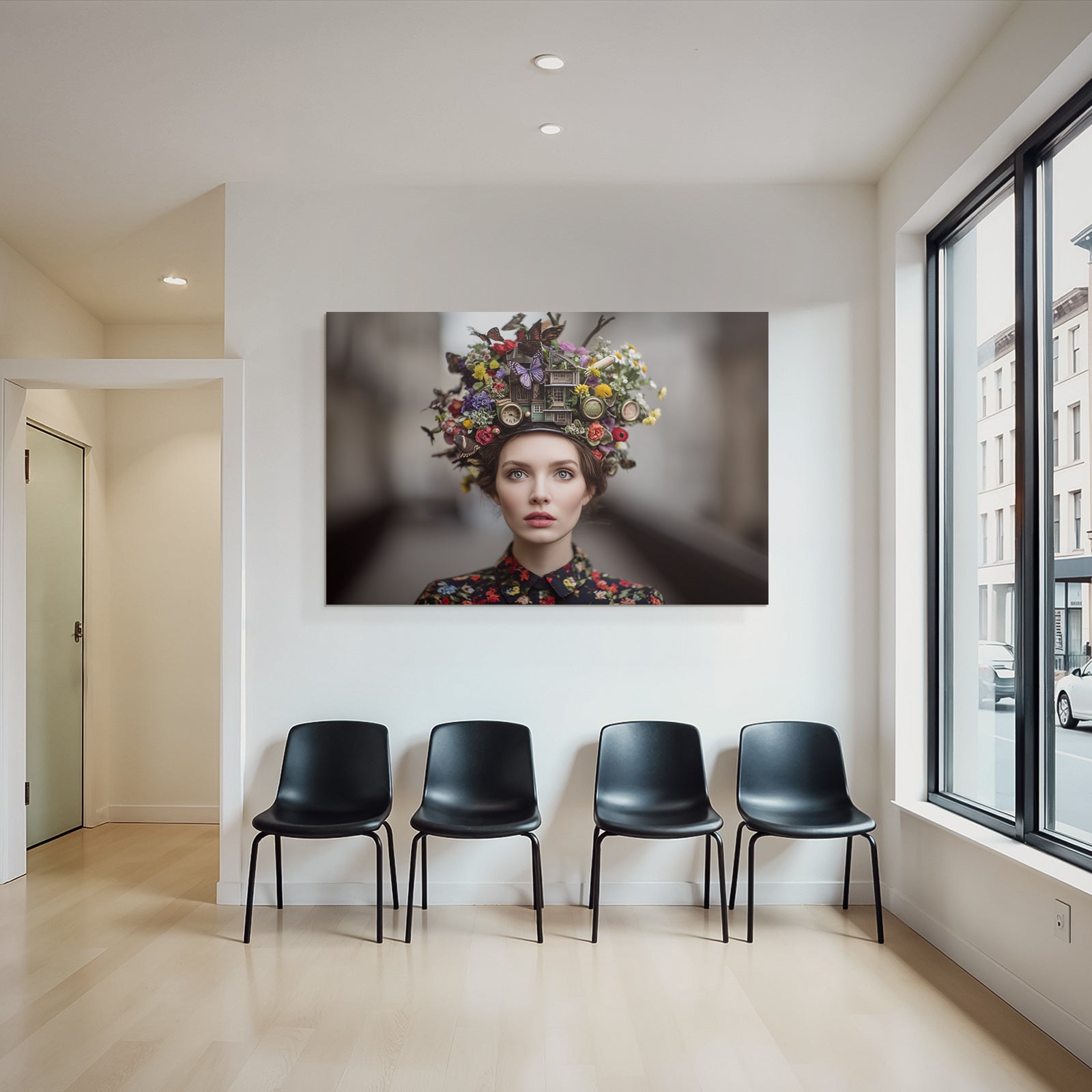 Frau Mit Kreativem Hut Blumen Butterflies Uhren Strukturen