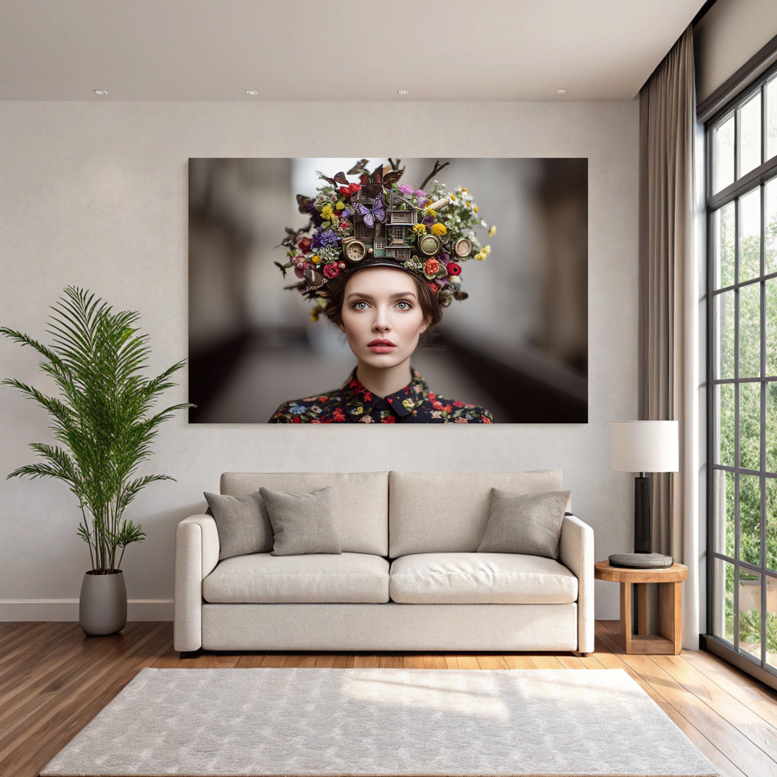 Frau Mit Kreativem Hut Blumen Butterflies Uhren Strukturen