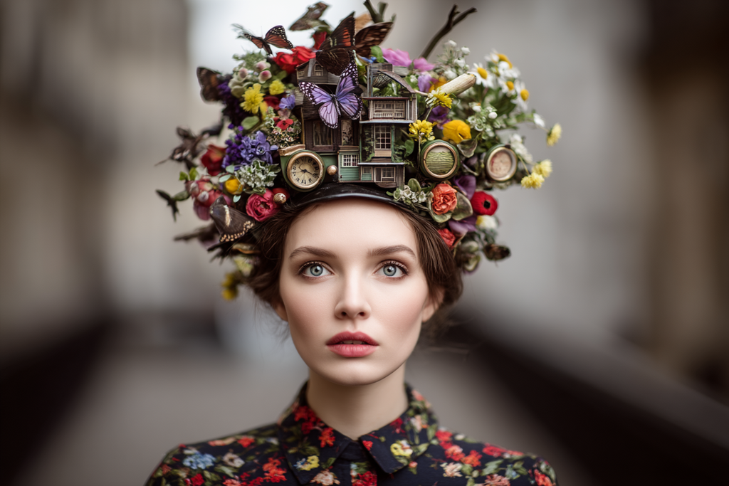 Frau Mit Kreativem Hut Blumen Butterflies Uhren Strukturen | Digital Art | Kunstgattungen