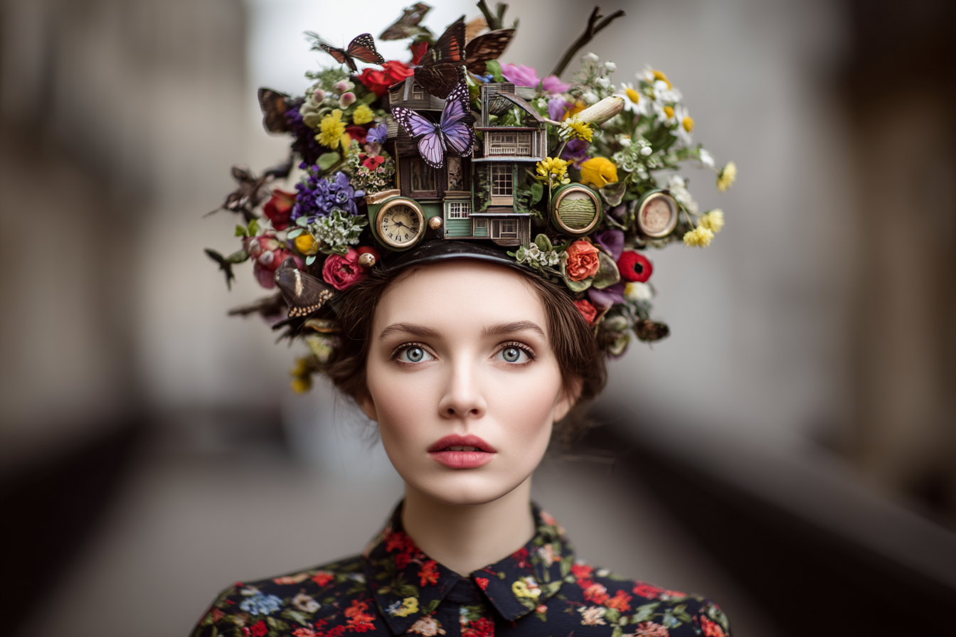 Frau Mit Kreativem Hut Blumen Butterflies Uhren Strukturen | Digital Art | Kunstgattungen
