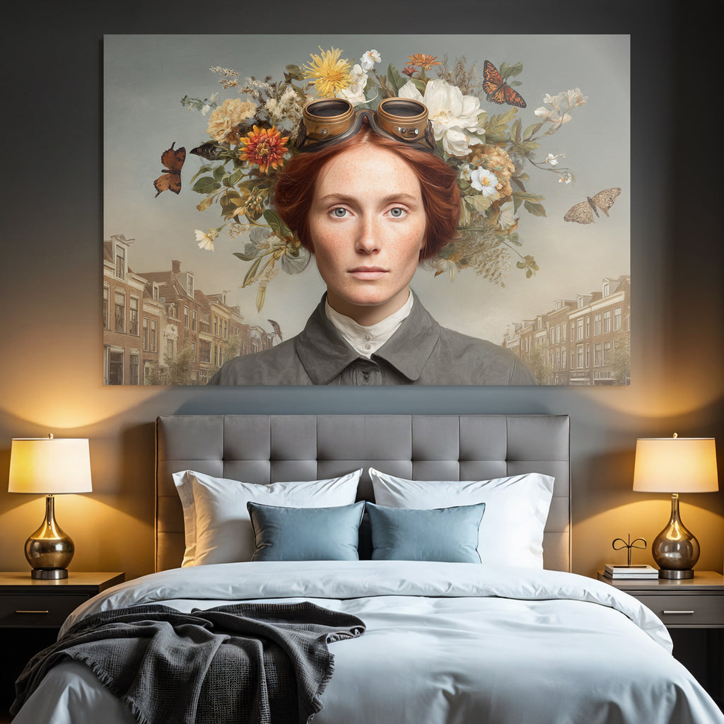 Frau Mit Rotem Haar Goggles Blumen Butterflies Historische Strasse