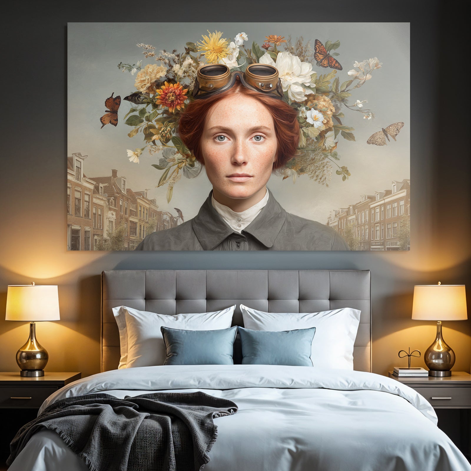 Frau Mit Rotem Haar Goggles Blumen Butterflies Historische Strasse