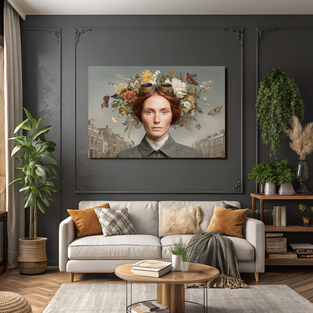 Frau Mit Rotem Haar Goggles Blumen Butterflies Historische Strasse