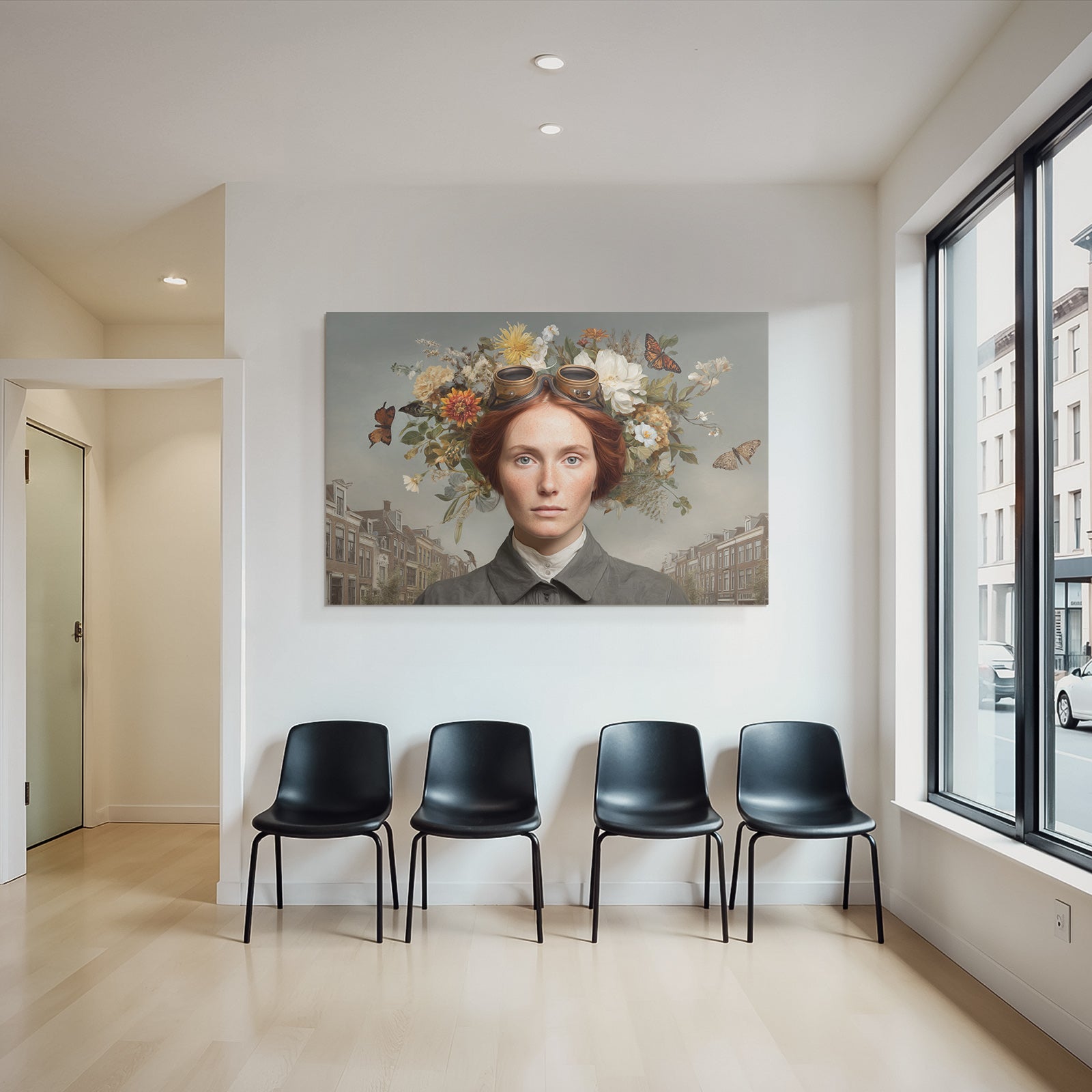 Frau Mit Rotem Haar Goggles Blumen Butterflies Historische Strasse
