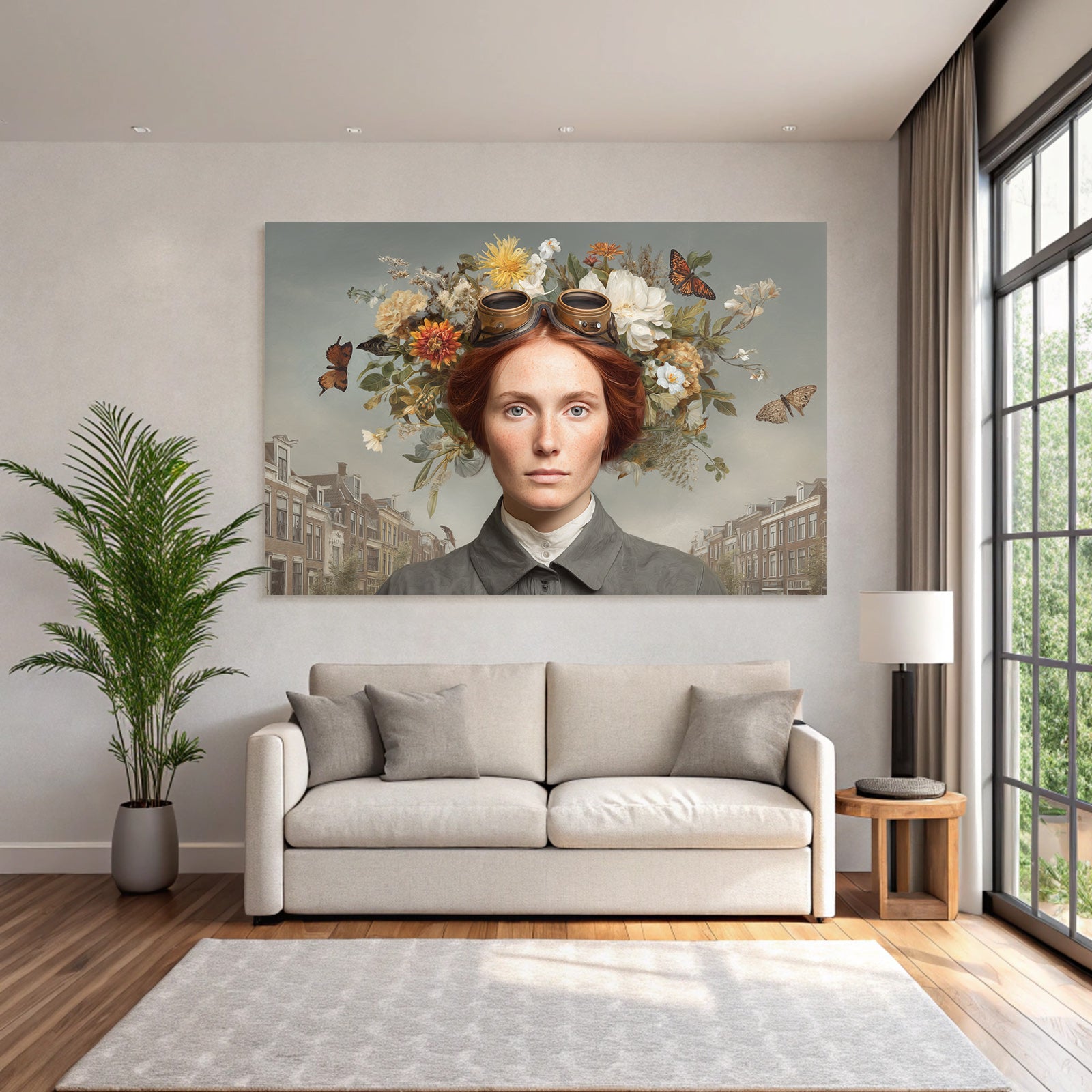 Frau Mit Rotem Haar Goggles Blumen Butterflies Historische Strasse