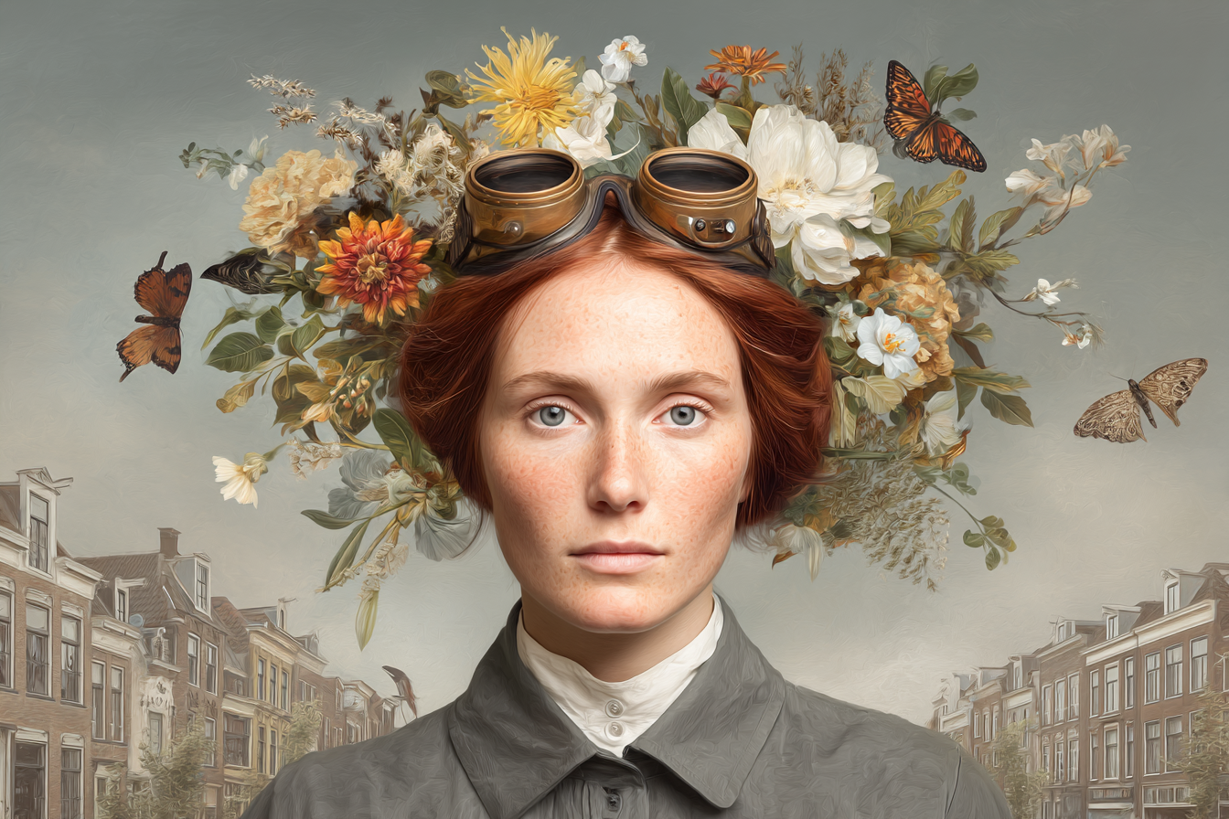 Frau Mit Rotem Haar Goggles Blumen Butterflies Historische Strasse | Digital Art | Kunstgattungen