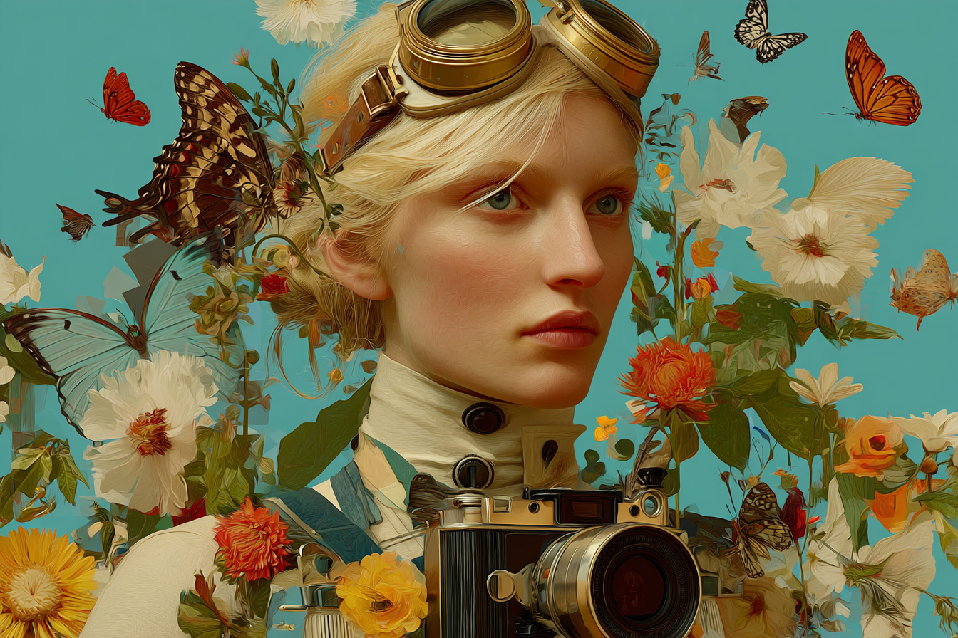 Frau Mit Vintage Kamera Umgeben Von Blumen Und Schmetterlingen | Digital Art | Kunstgattungen
