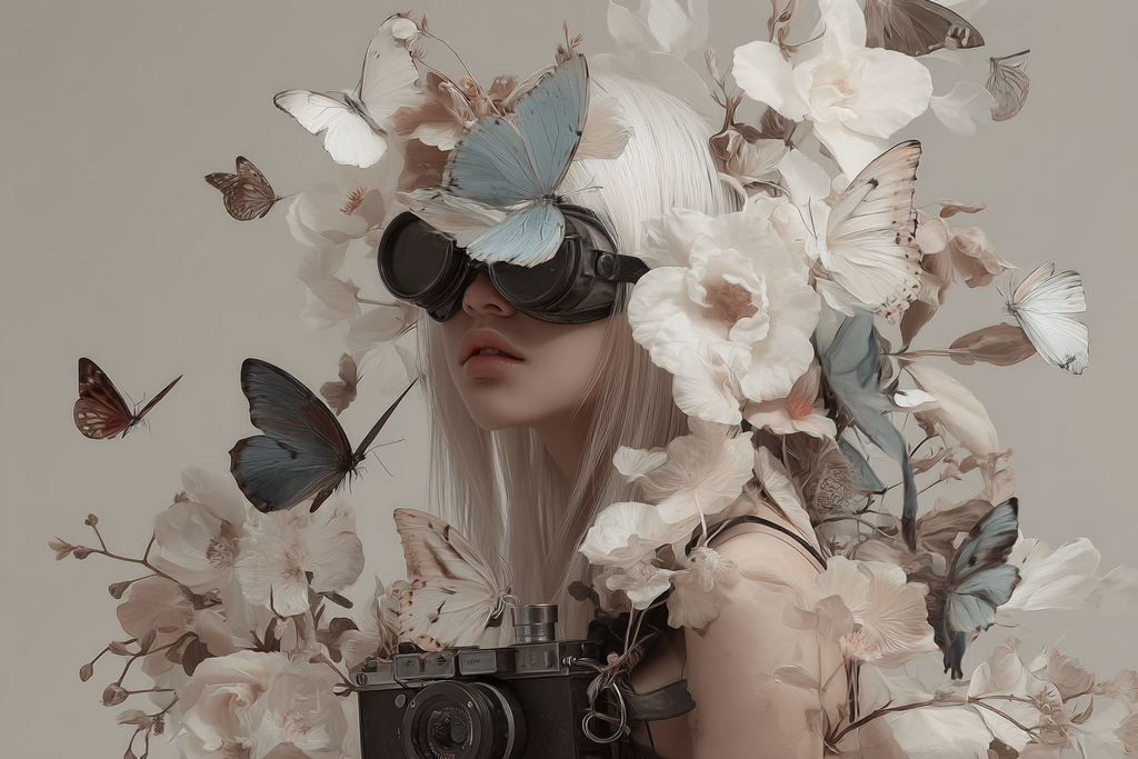 Frau Umgeben Von Blumen Und Schmetterlingen Mit Kamera | Digital Art | Kunstgattungen
