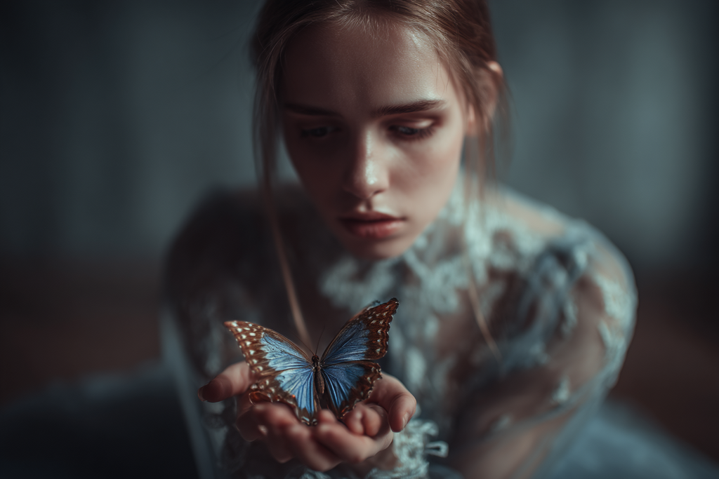 Junge Frau Haelt Butterfly In Haenden Introspektiv Und Beruhigend | Digital Art | Kunstgattungen