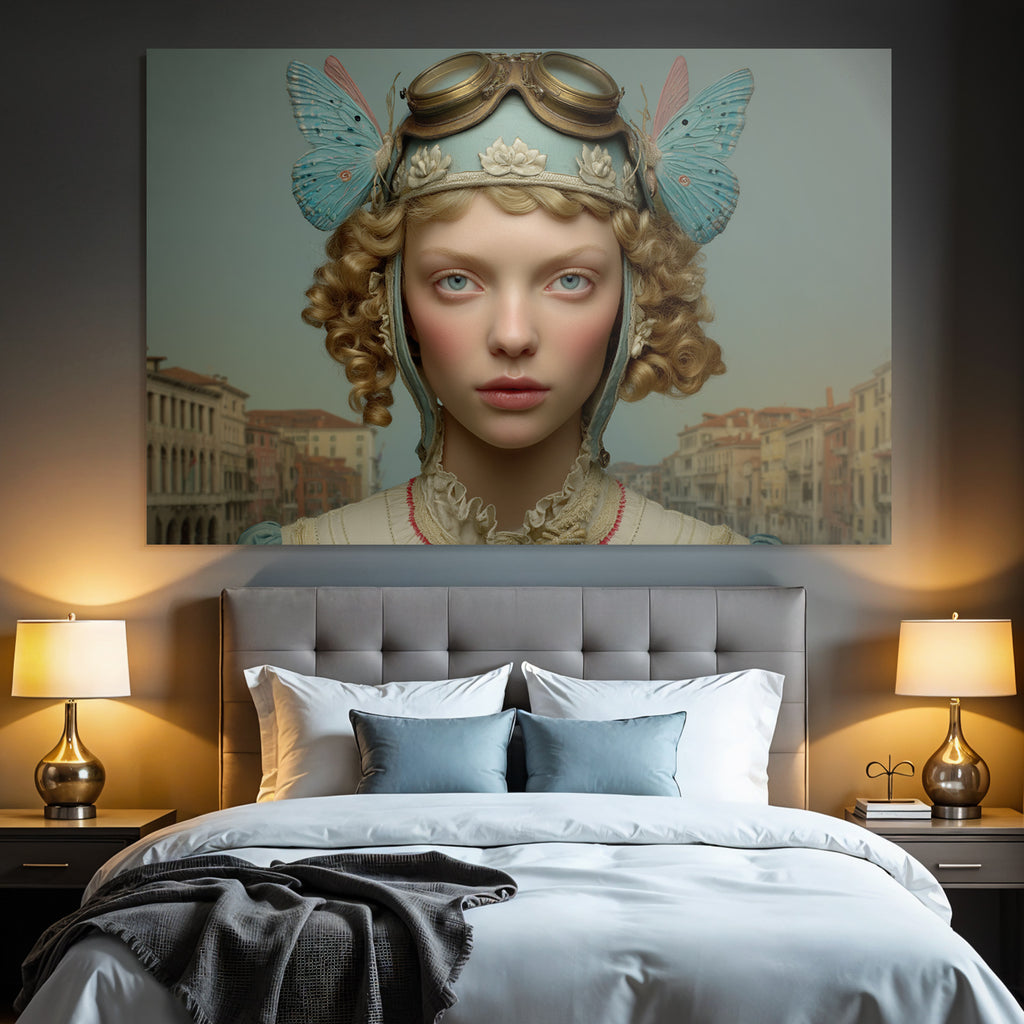 Junge Frau Kurze Locken Orientierte Headpiece Szenisches Hintergrund Venedig