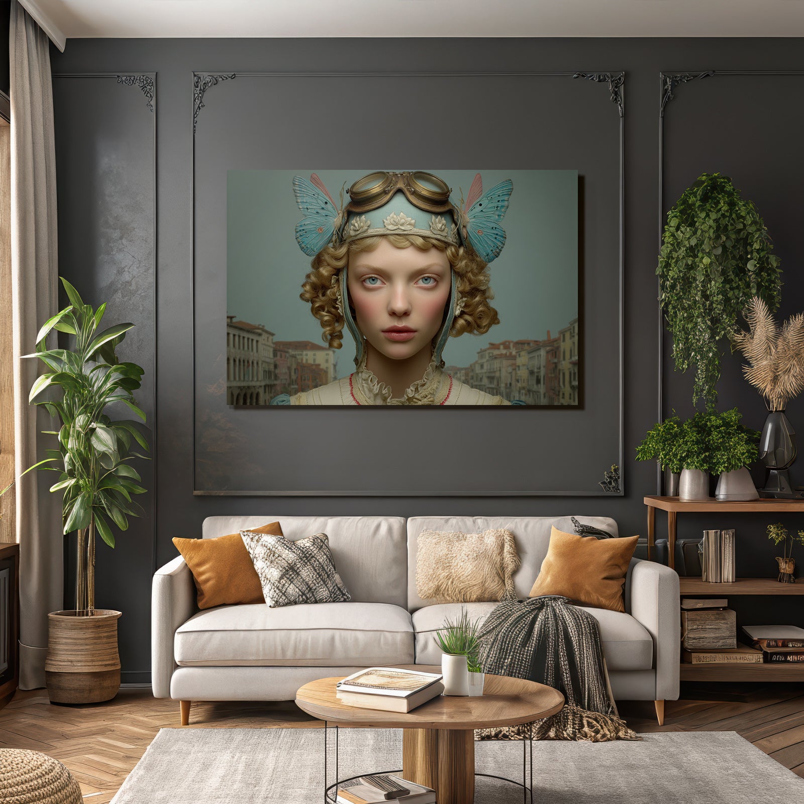Junge Frau Kurze Locken Orientierte Headpiece Szenisches Hintergrund Venedig