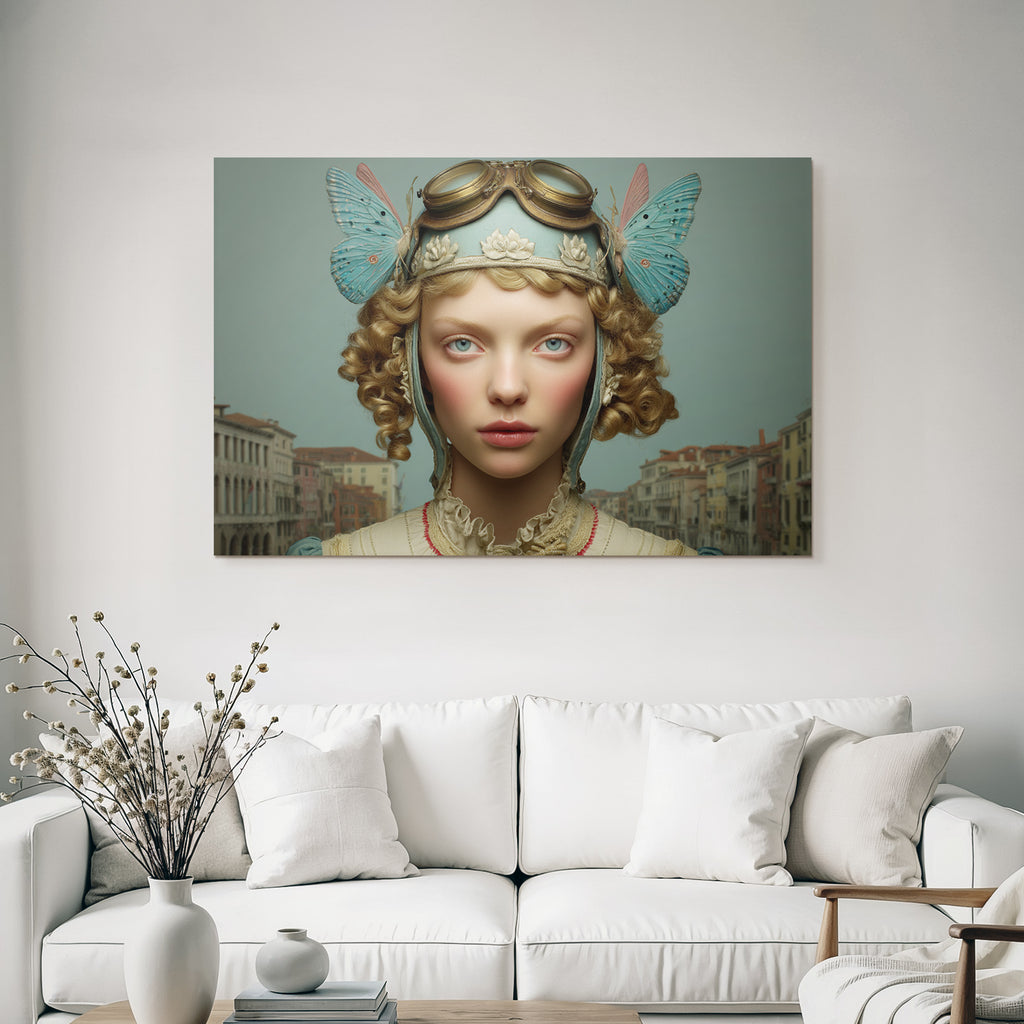 Junge Frau Kurze Locken Orientierte Headpiece Szenisches Hintergrund Venedig