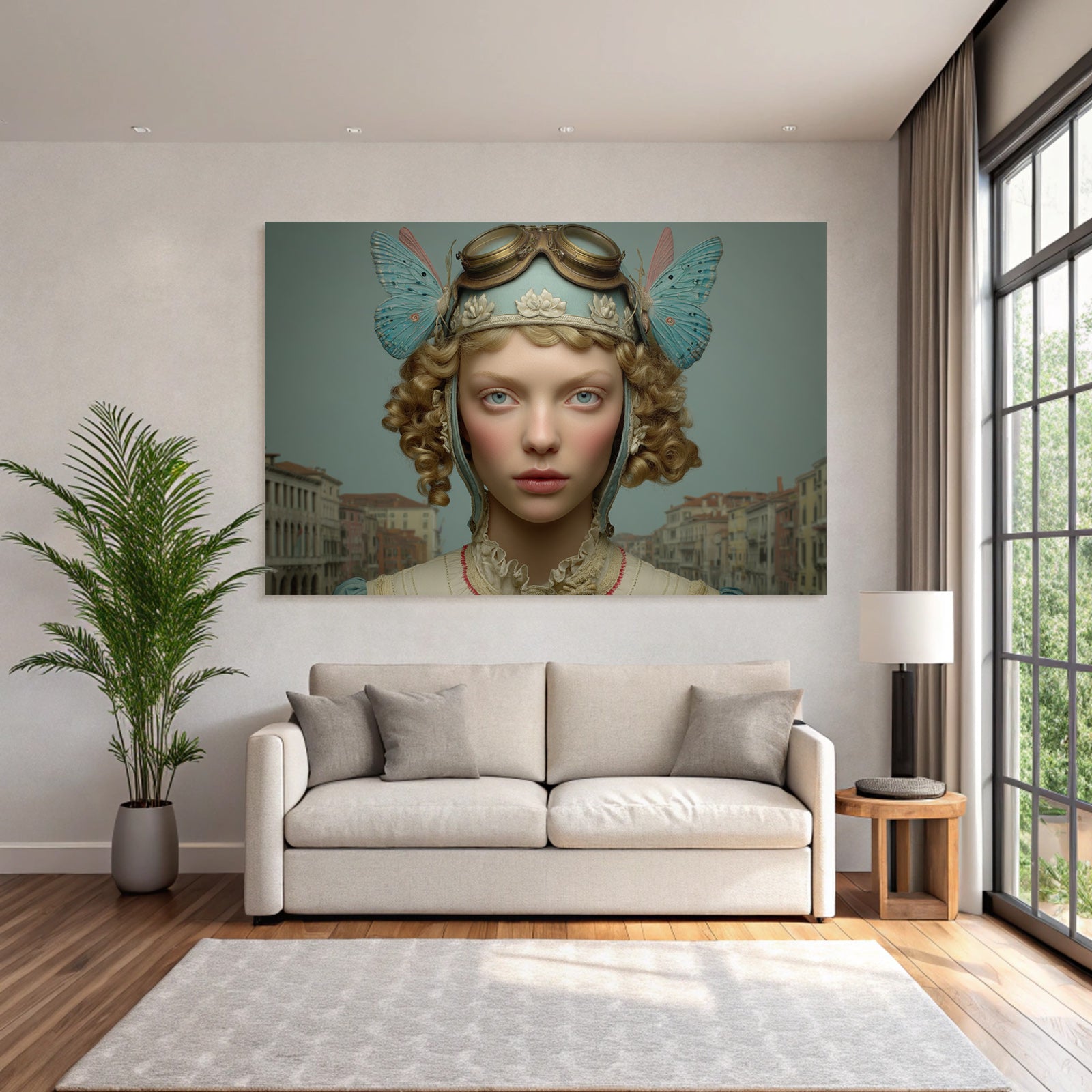 Junge Frau Kurze Locken Orientierte Headpiece Szenisches Hintergrund Venedig