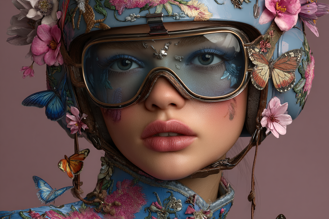 Junge Frau Mit Blumen Und Schmetterlingen Im Dekorierten Helm | Digital Art | Kunstgattungen