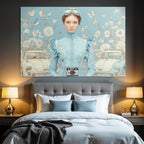 Junge Frau Mit Vintage Blauem Outfit Und Kamera Mein Traumhafter Hintergrund