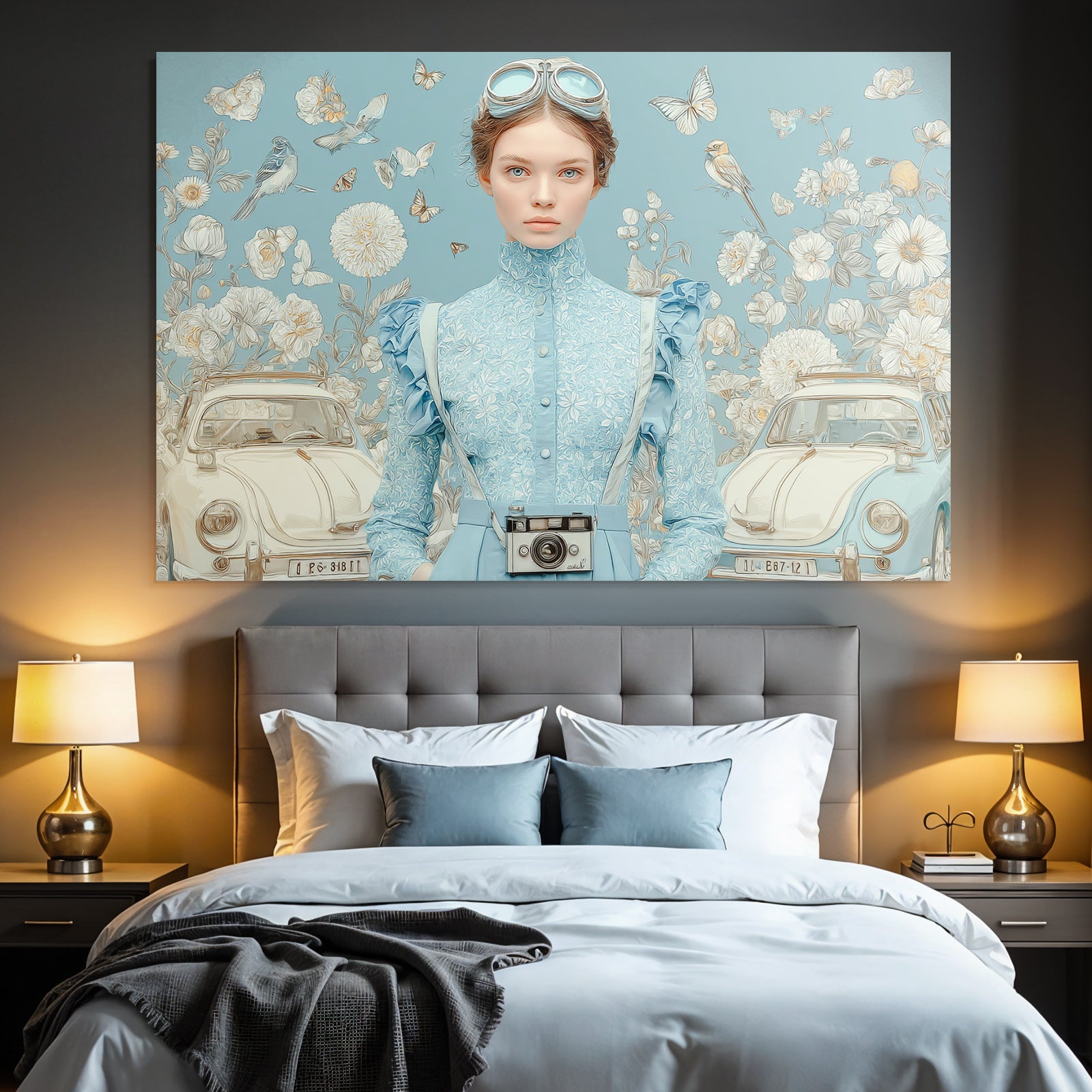 Junge Frau Mit Vintage Blauem Outfit Und Kamera Mein Traumhafter Hintergrund