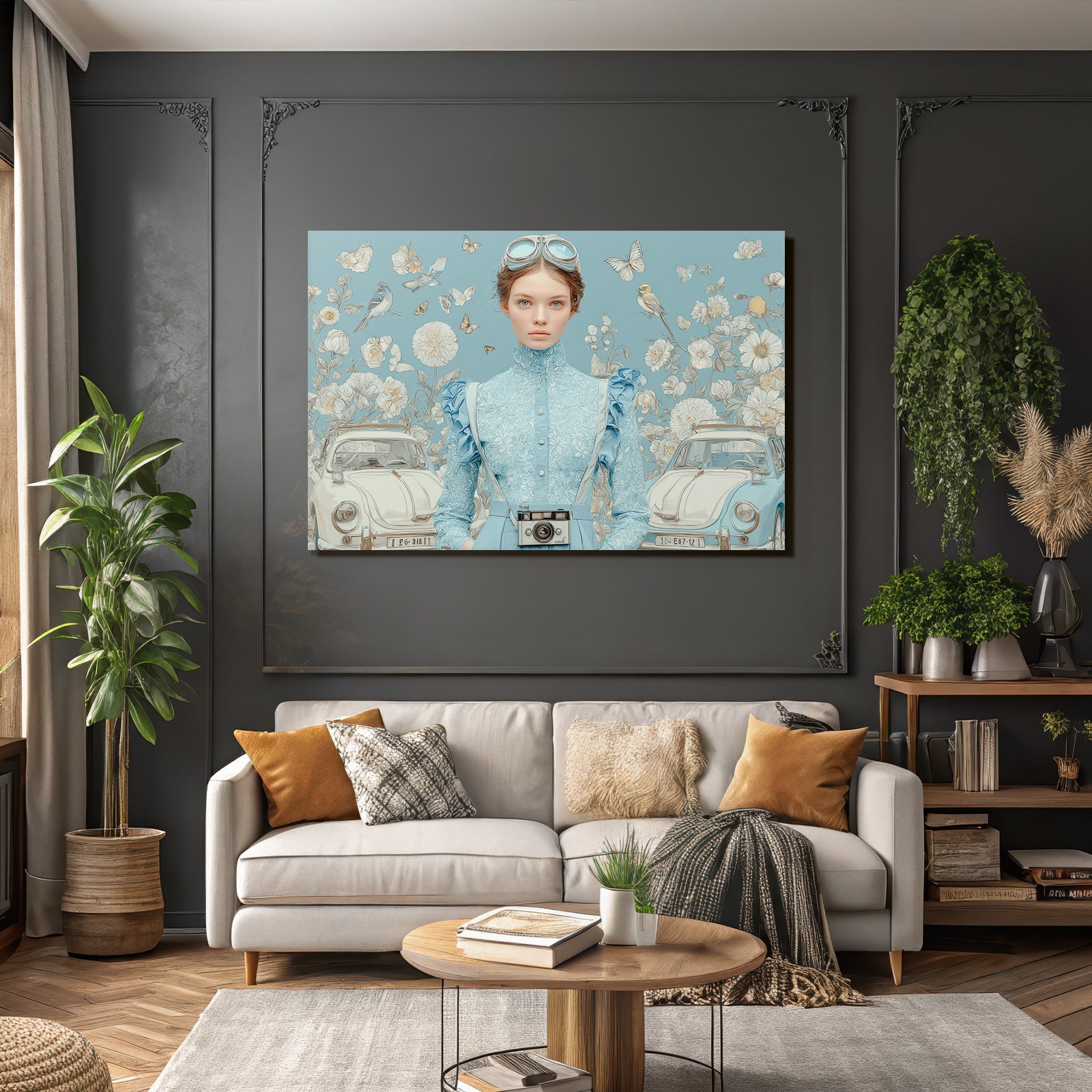 Junge Frau Mit Vintage Blauem Outfit Und Kamera Mein Traumhafter Hintergrund