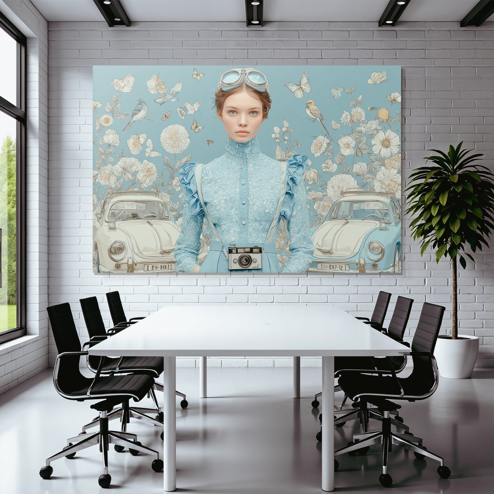 Junge Frau Mit Vintage Blauem Outfit Und Kamera Mein Traumhafter Hintergrund