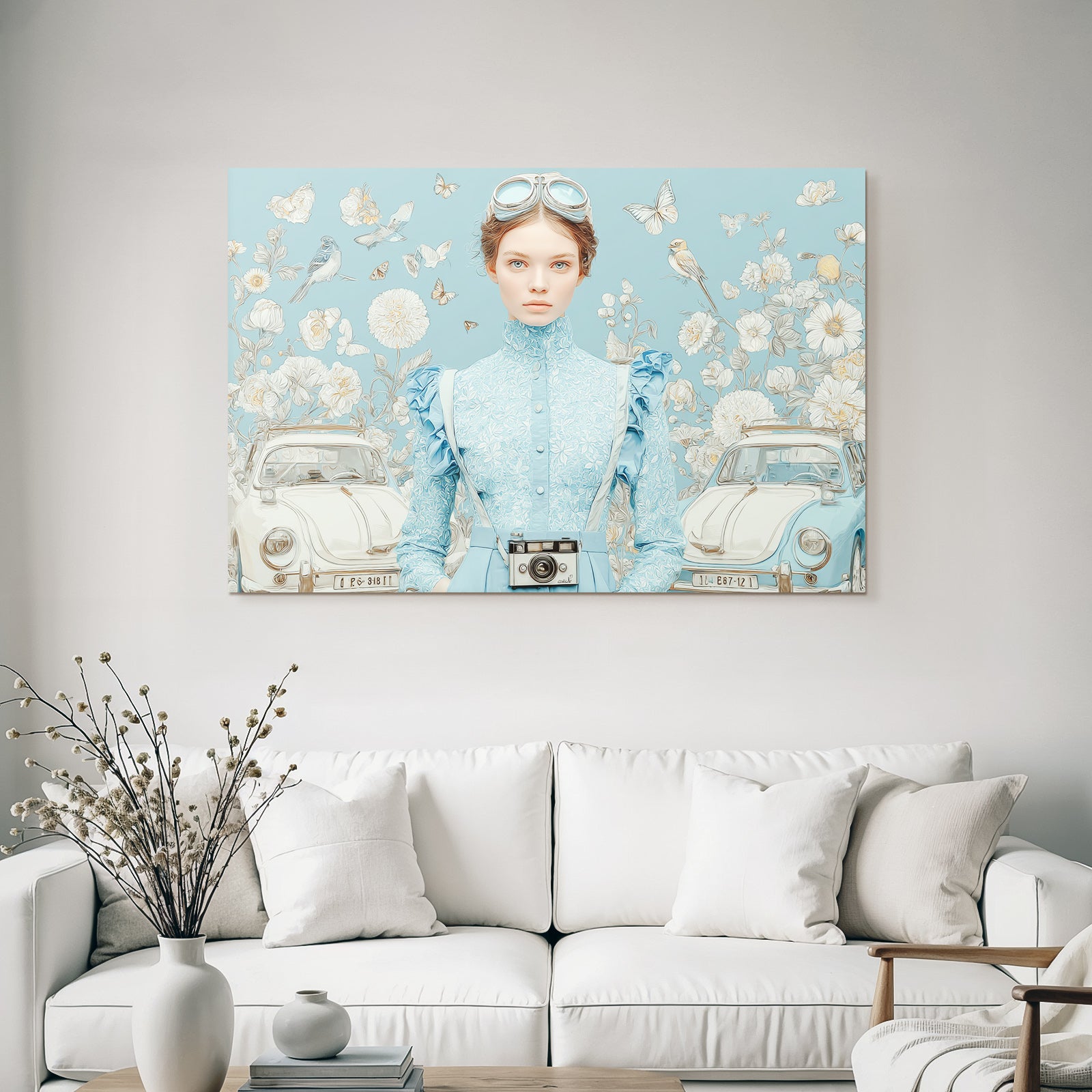 Junge Frau Mit Vintage Blauem Outfit Und Kamera Mein Traumhafter Hintergrund