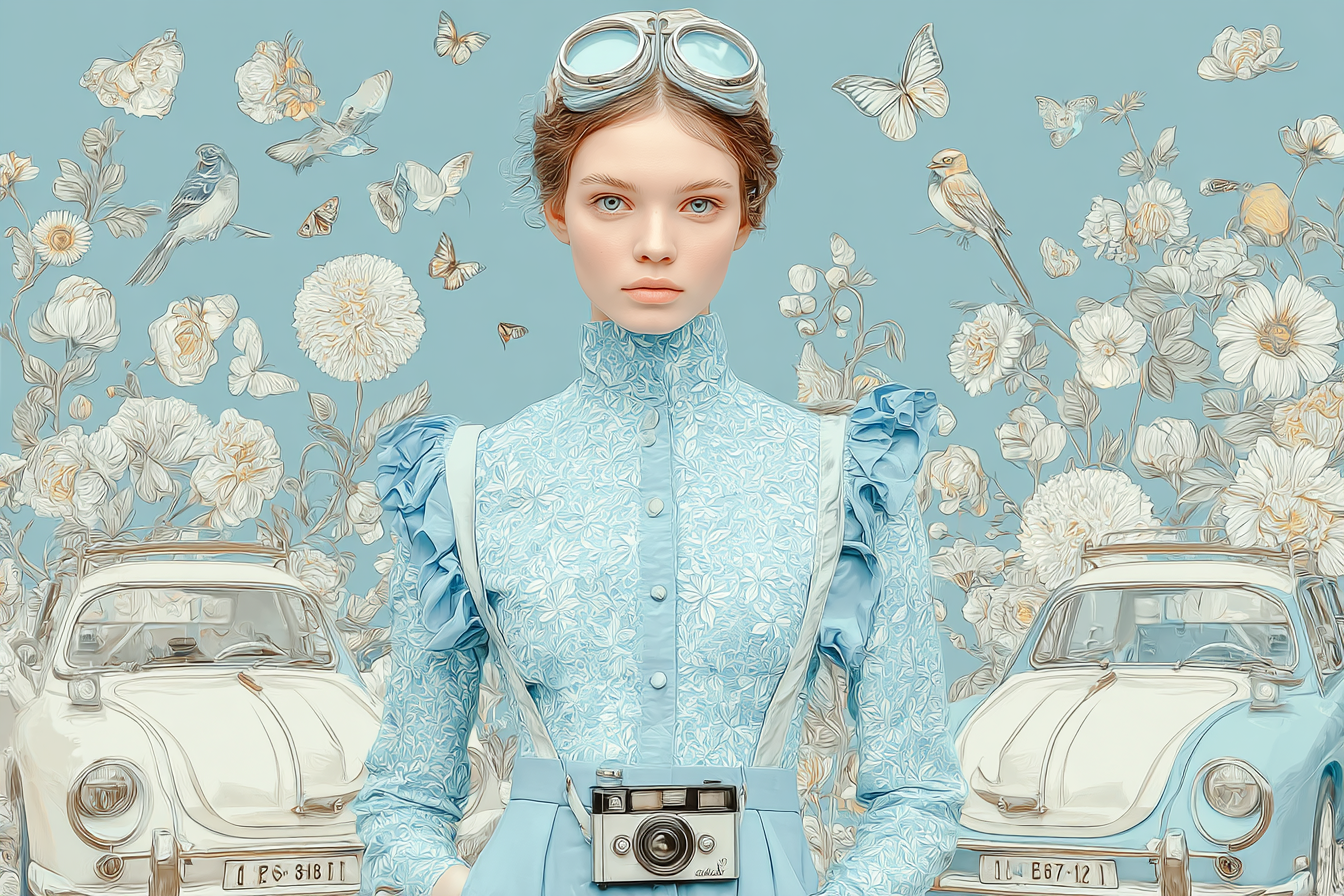Junge Frau Mit Vintage Blauem Outfit Und Kamera Mein Traumhafter Hintergrund | Digital Art | Kunstgattungen