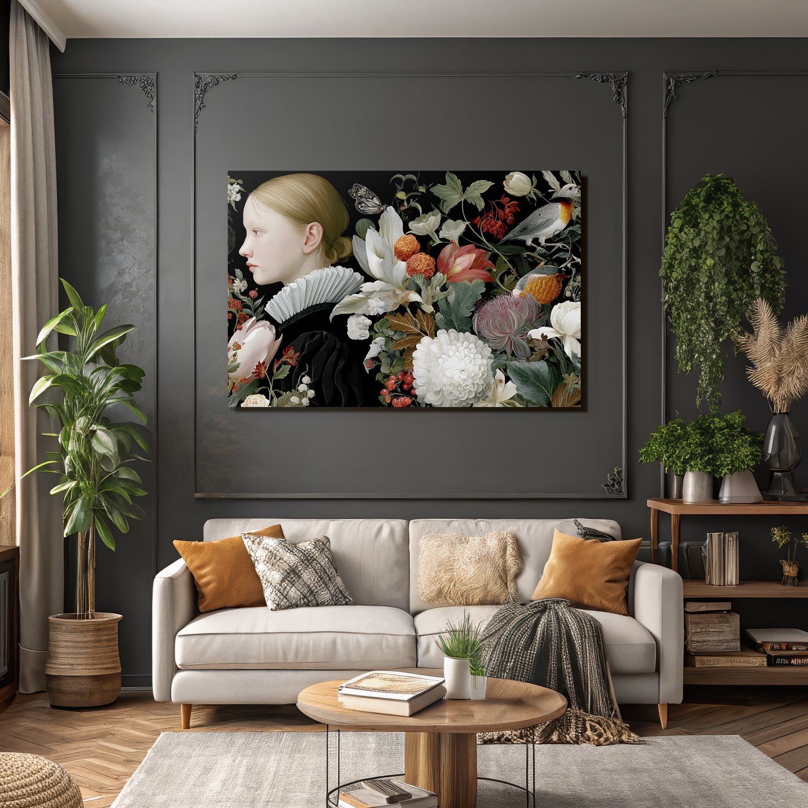 Junge Maedchen Mit Blumen Und Tieren Portraetillustration