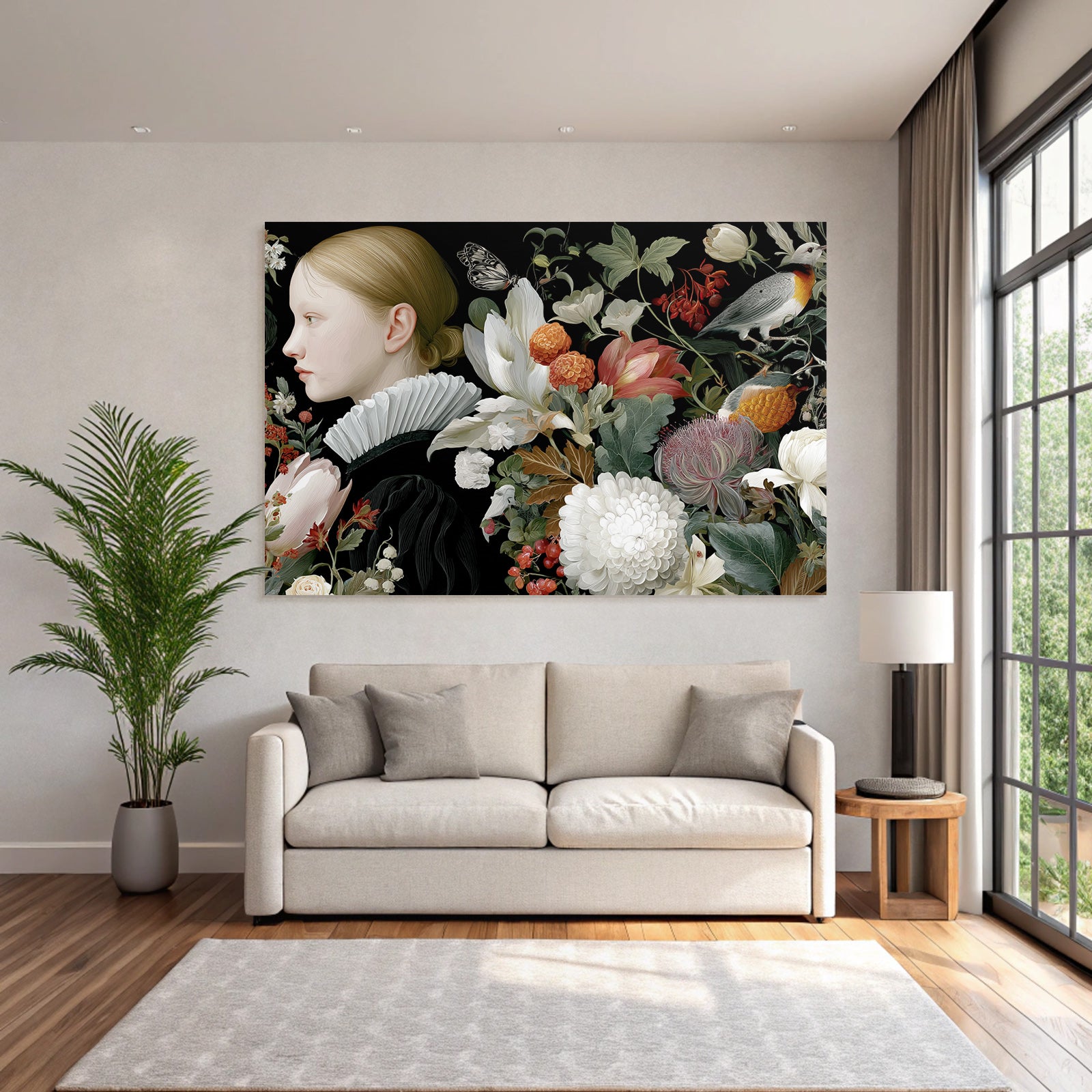 Junge Maedchen Mit Blumen Und Tieren Portraetillustration