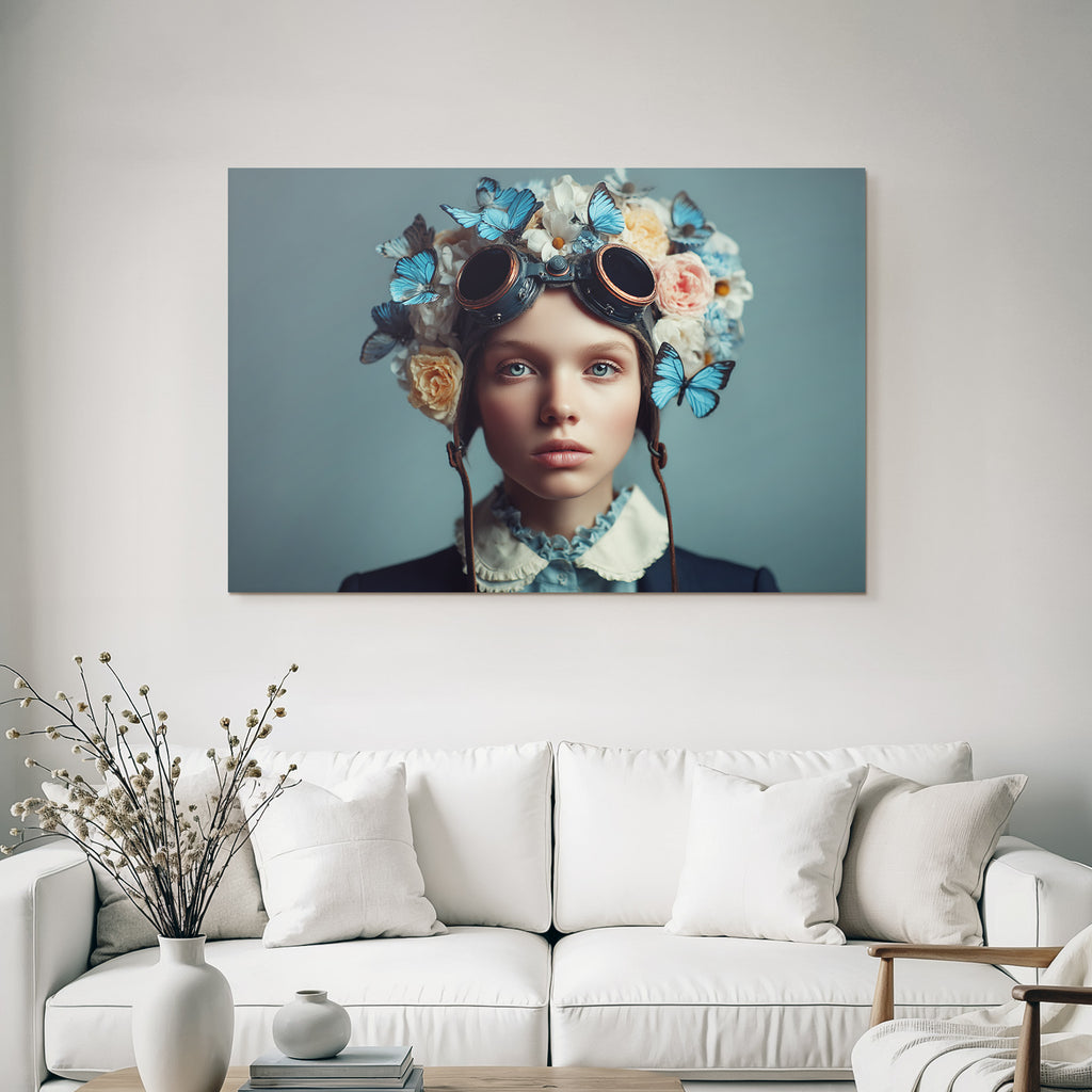 Junge Person Mit Blumen Und Schmetterlingen Im Fantasie Stil