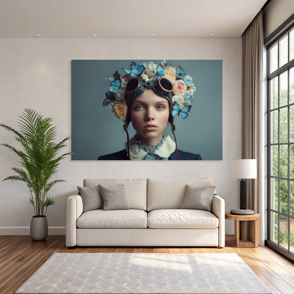 Junge Person Mit Blumen Und Schmetterlingen Im Fantasie Stil