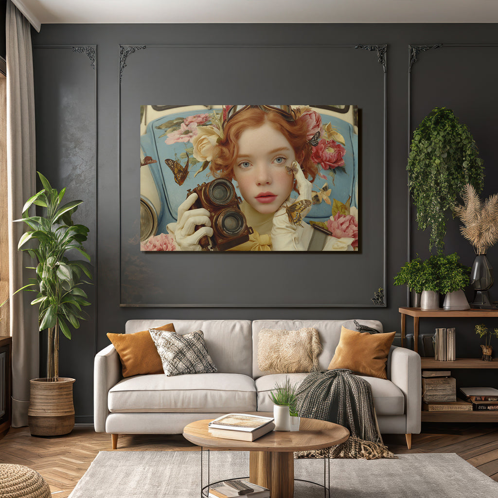 Junge Person Mit Kamera Umgeben Von Blumen Und Schmetterlingen Vintage Atmosphaere