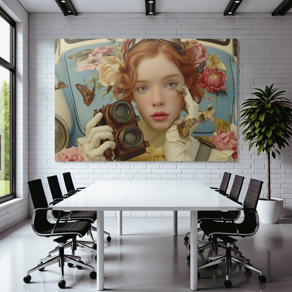 Junge Person Mit Kamera Umgeben Von Blumen Und Schmetterlingen Vintage Atmosphaere