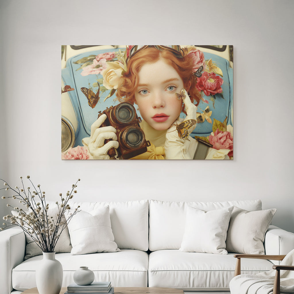 Junge Person Mit Kamera Umgeben Von Blumen Und Schmetterlingen Vintage Atmosphaere