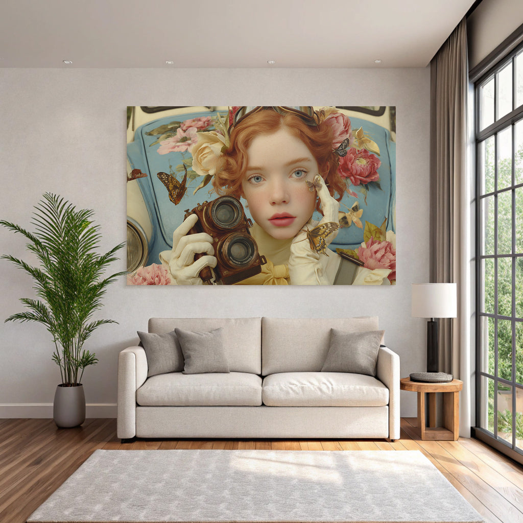 Junge Person Mit Kamera Umgeben Von Blumen Und Schmetterlingen Vintage Atmosphaere