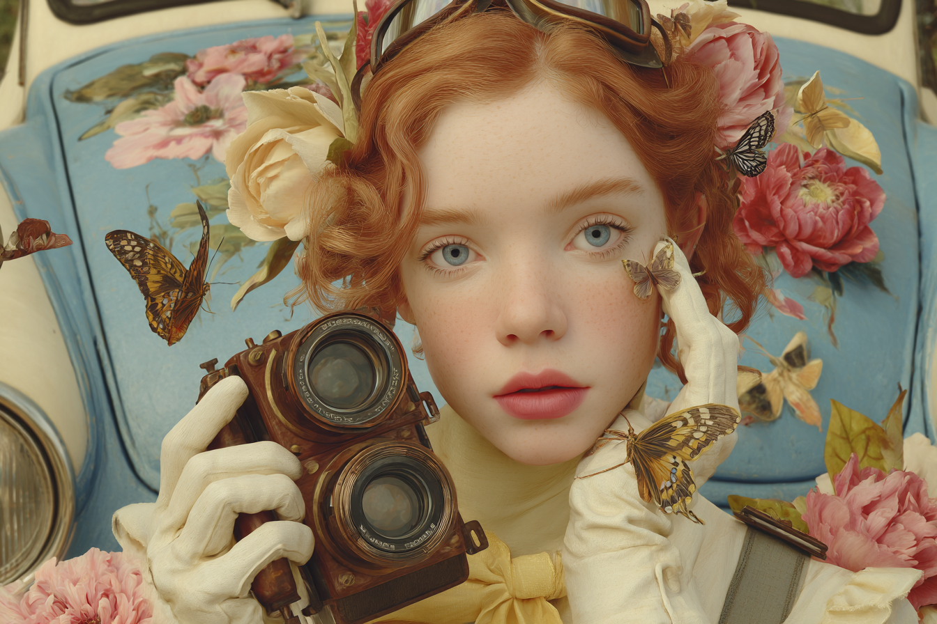 Junge Person Mit Kamera Umgeben Von Blumen Und Schmetterlingen Vintage Atmosphaere | Digital Art | Kunstgattungen