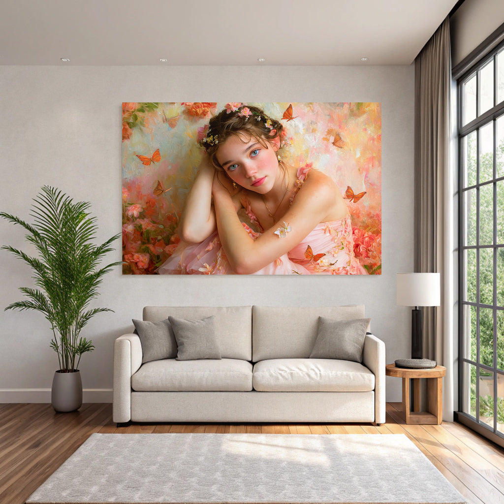Junger Mensch Mit Blumen Und Schmetterlingen Im Fantasie Stil