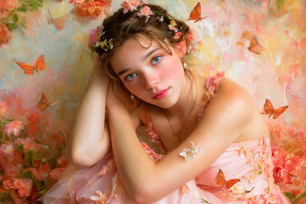 Junger Mensch Mit Blumen Und Schmetterlingen Im Fantasie Stil | Digital Art | Kunstgattungen