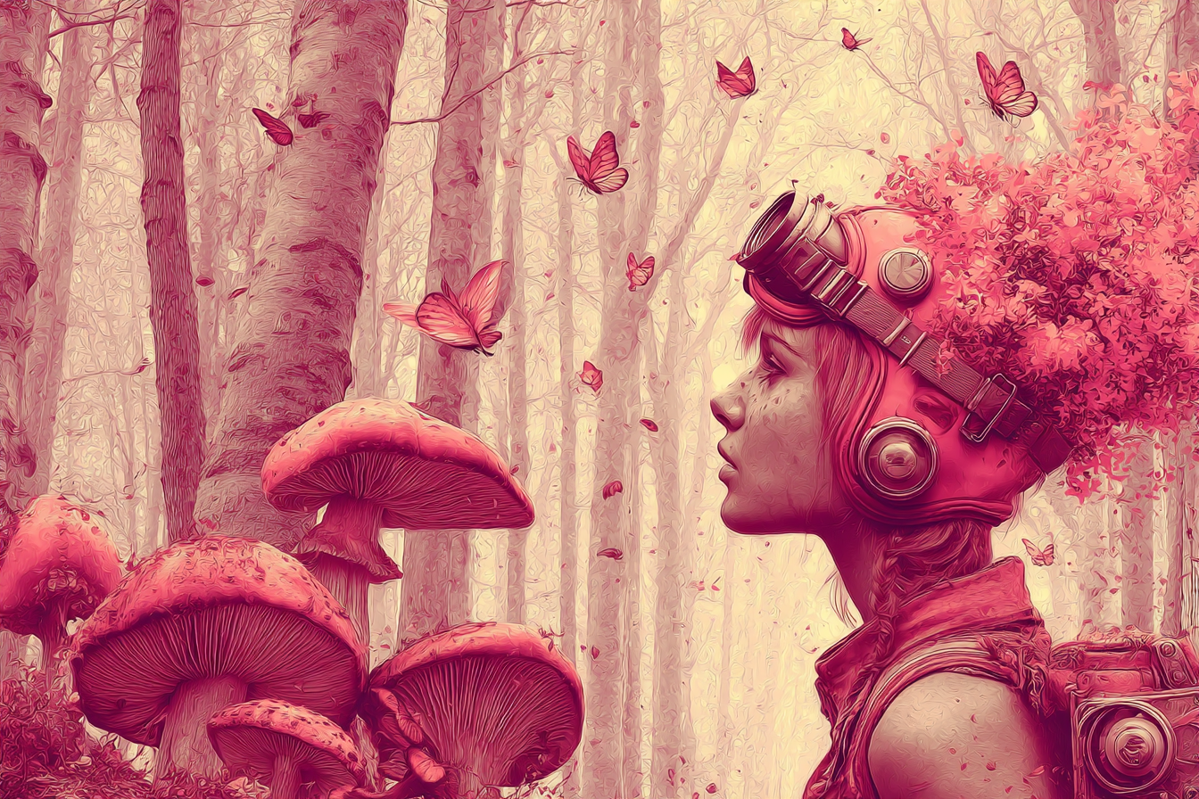 Junges Fraeulein Mit Vibrantem Haar Und Blaettern Hintergrund Mit Butterflies | Digital Art | Kunstgattungen