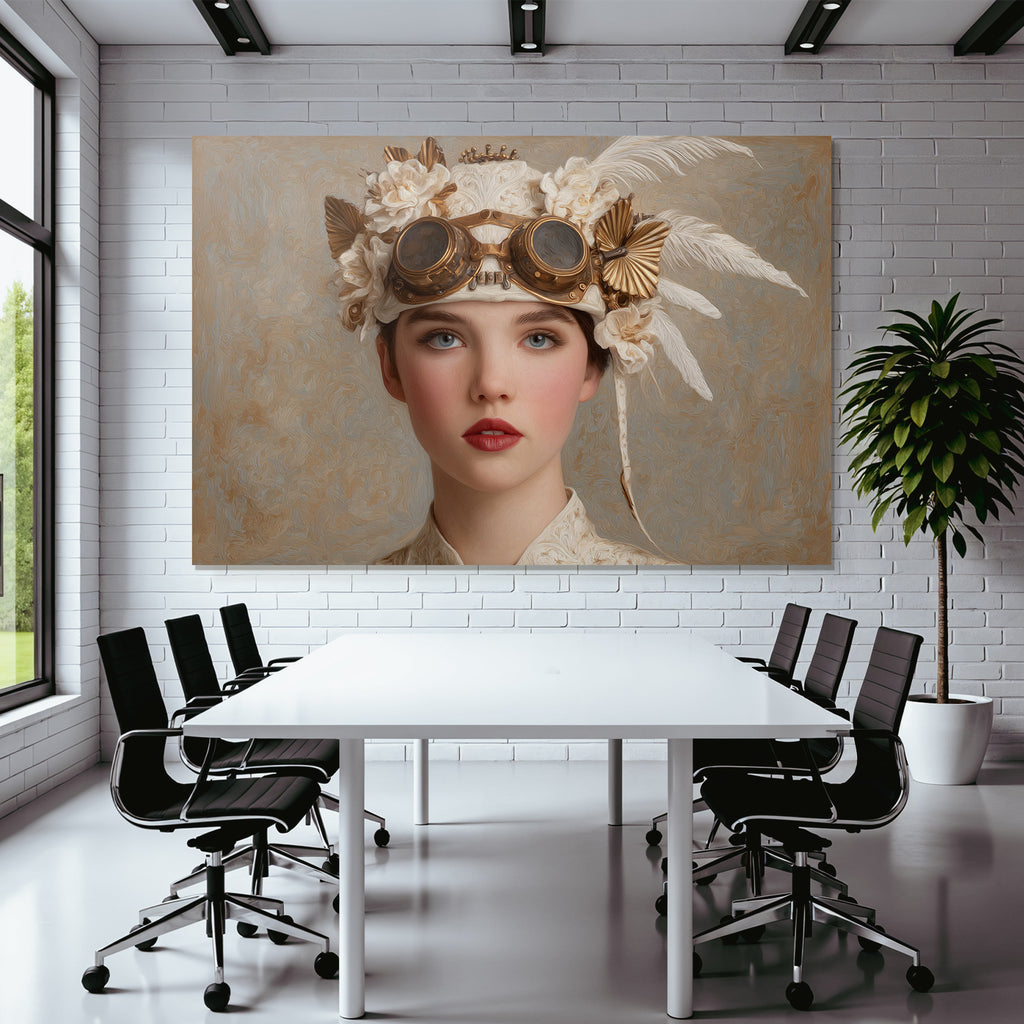 Junges Frau Portrait Mit Hut Blumen Federn Steampunk Goggles