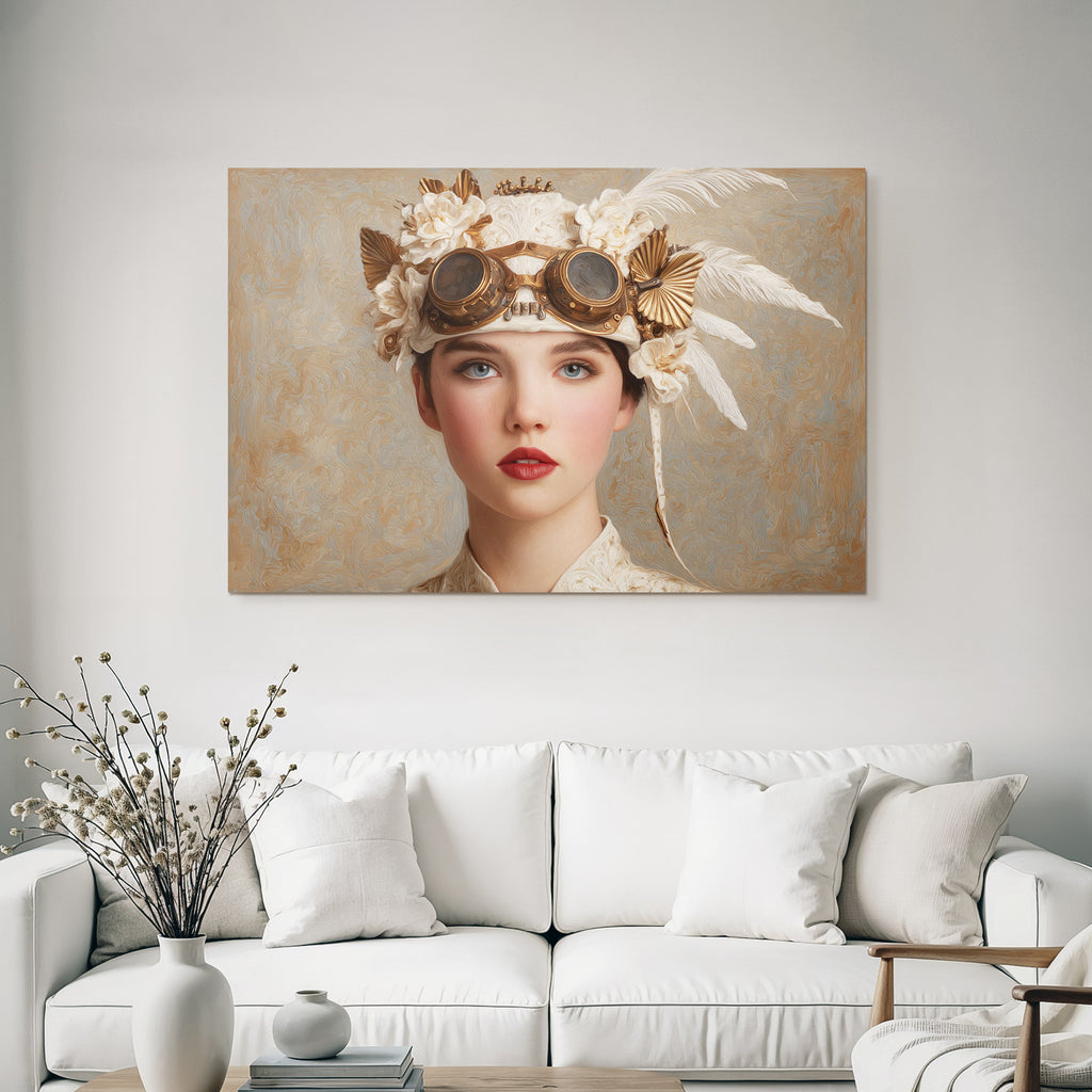 Junges Frau Portrait Mit Hut Blumen Federn Steampunk Goggles