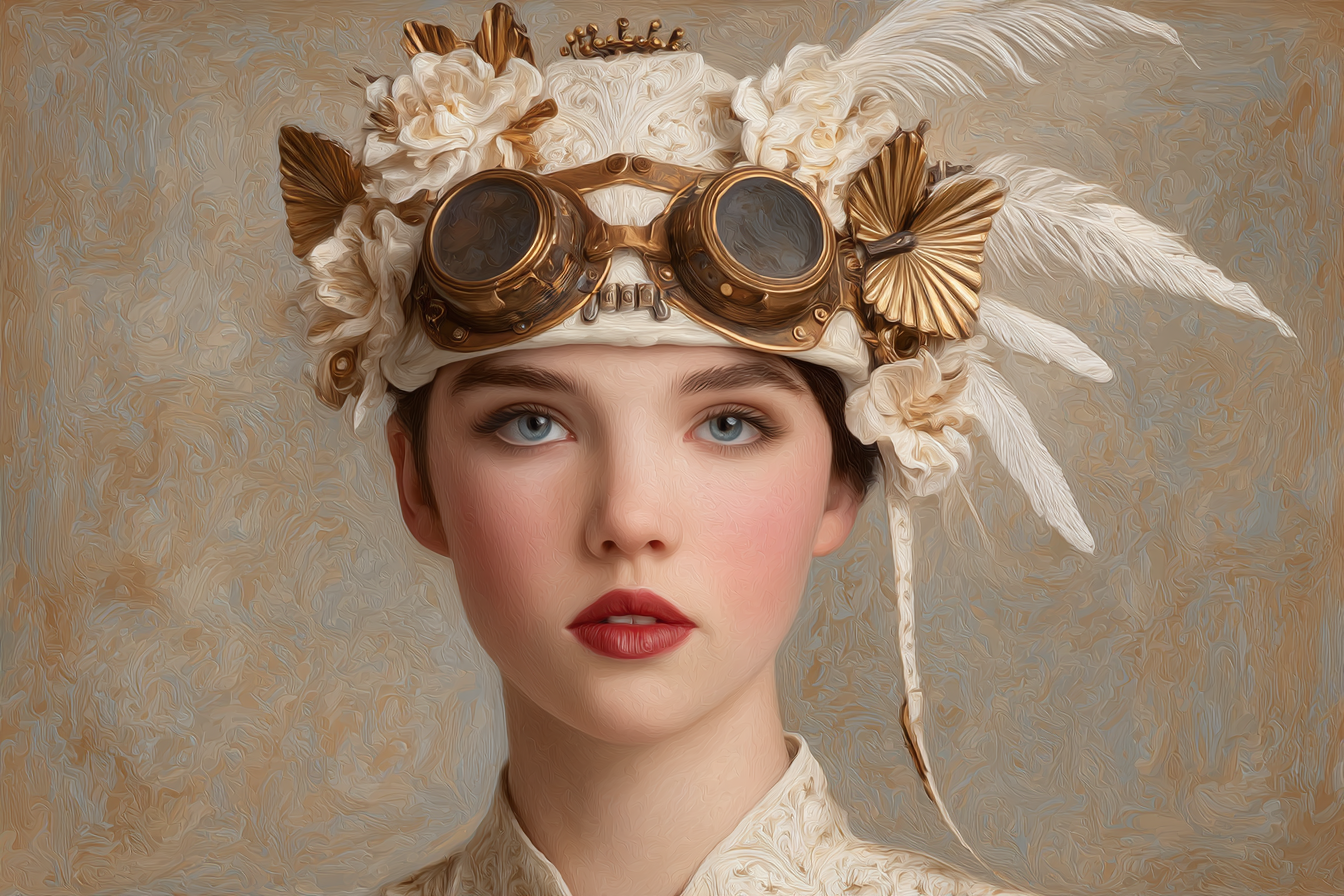 Junges Frau Portrait Mit Hut Blumen Federn Steampunk Goggles | Digital Art | Kunstgattungen