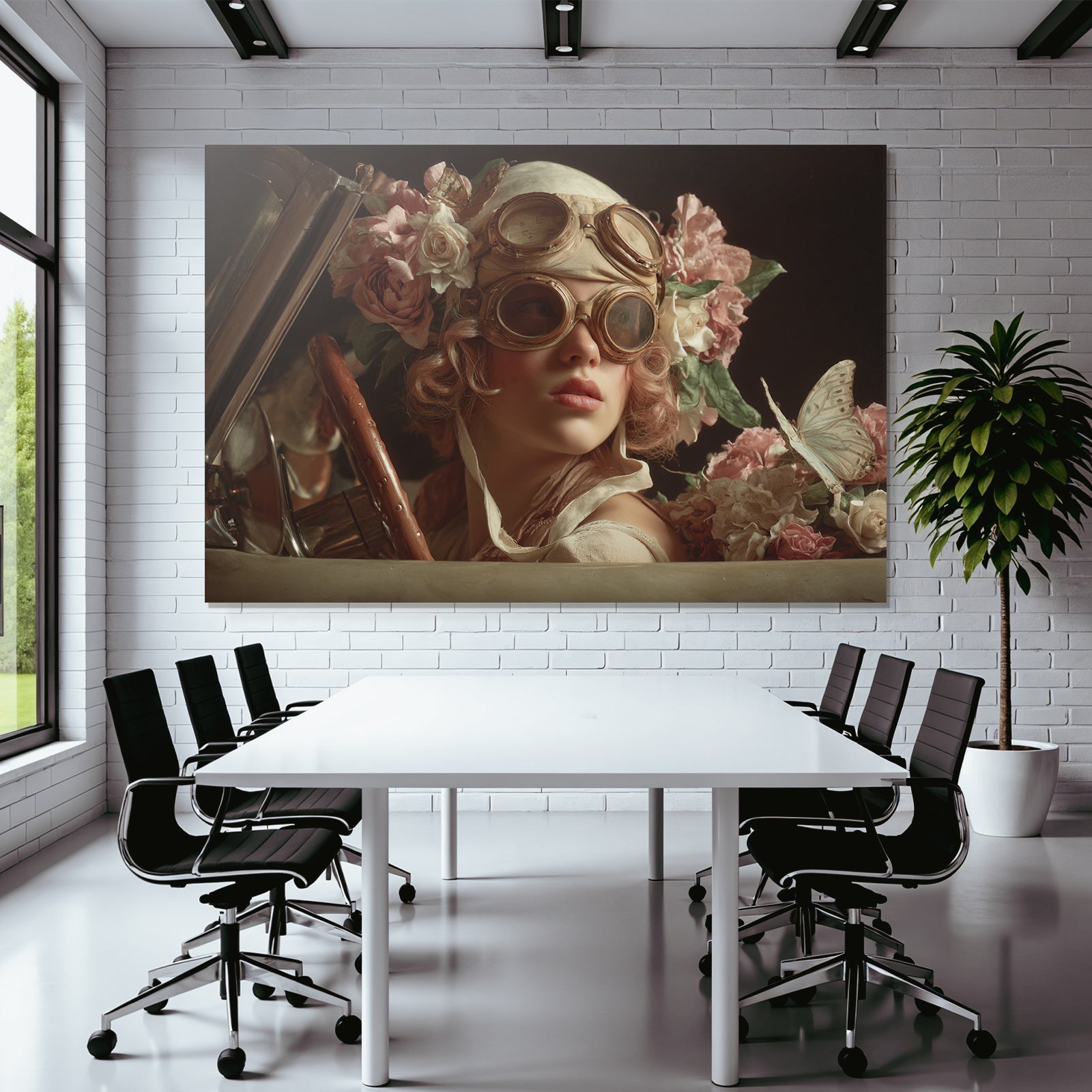 Junges Maedchen Vintage Aesthik Mit Goggles Umgeben Von Blumen Abenteuer Fahrzeug