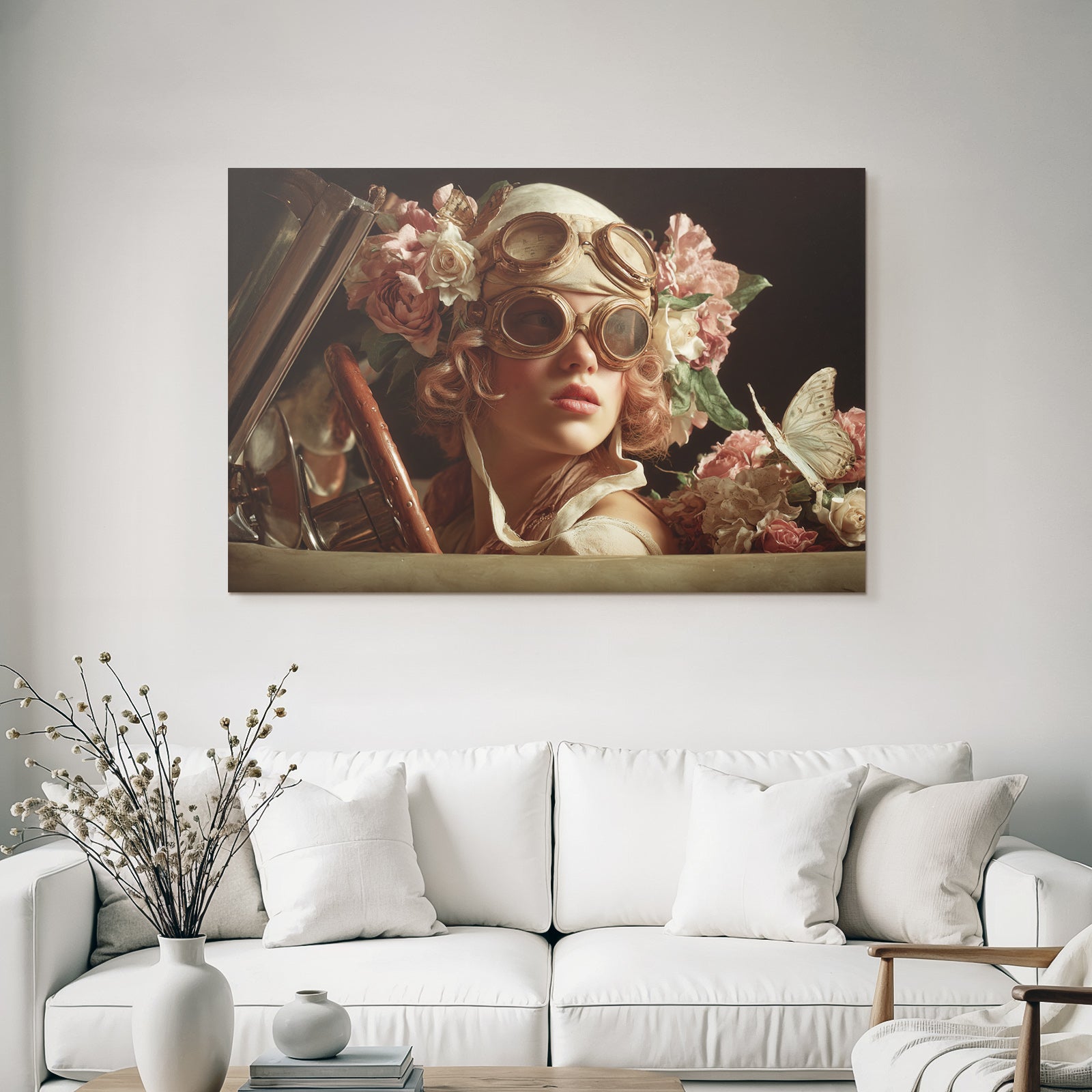 Junges Maedchen Vintage Aesthik Mit Goggles Umgeben Von Blumen Abenteuer Fahrzeug
